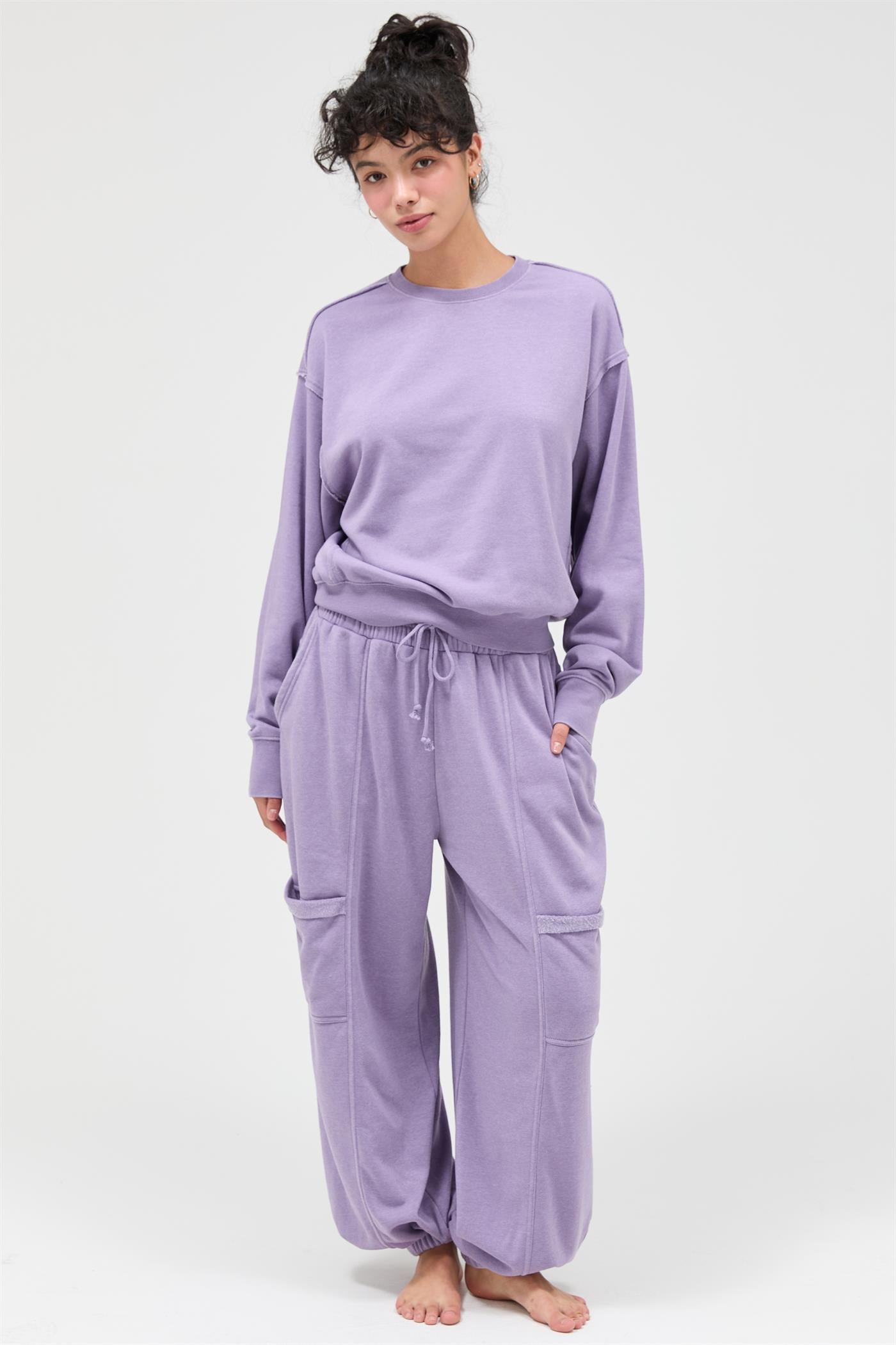 Wholesale Raw Edge Detail Burnout Sweatshirt Sweatshirts DZ26A048 DUSTY PURPLE DOUBLE ZERO
