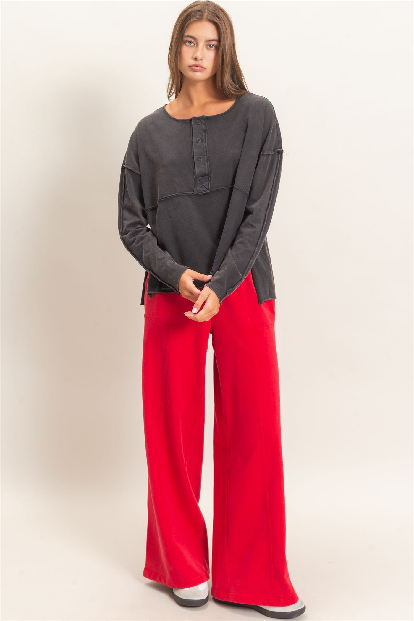 Wholesale Oversized Henley Top With Raw Edges Clothing Tops DZ26F128 BLACK DOUBLE ZERO