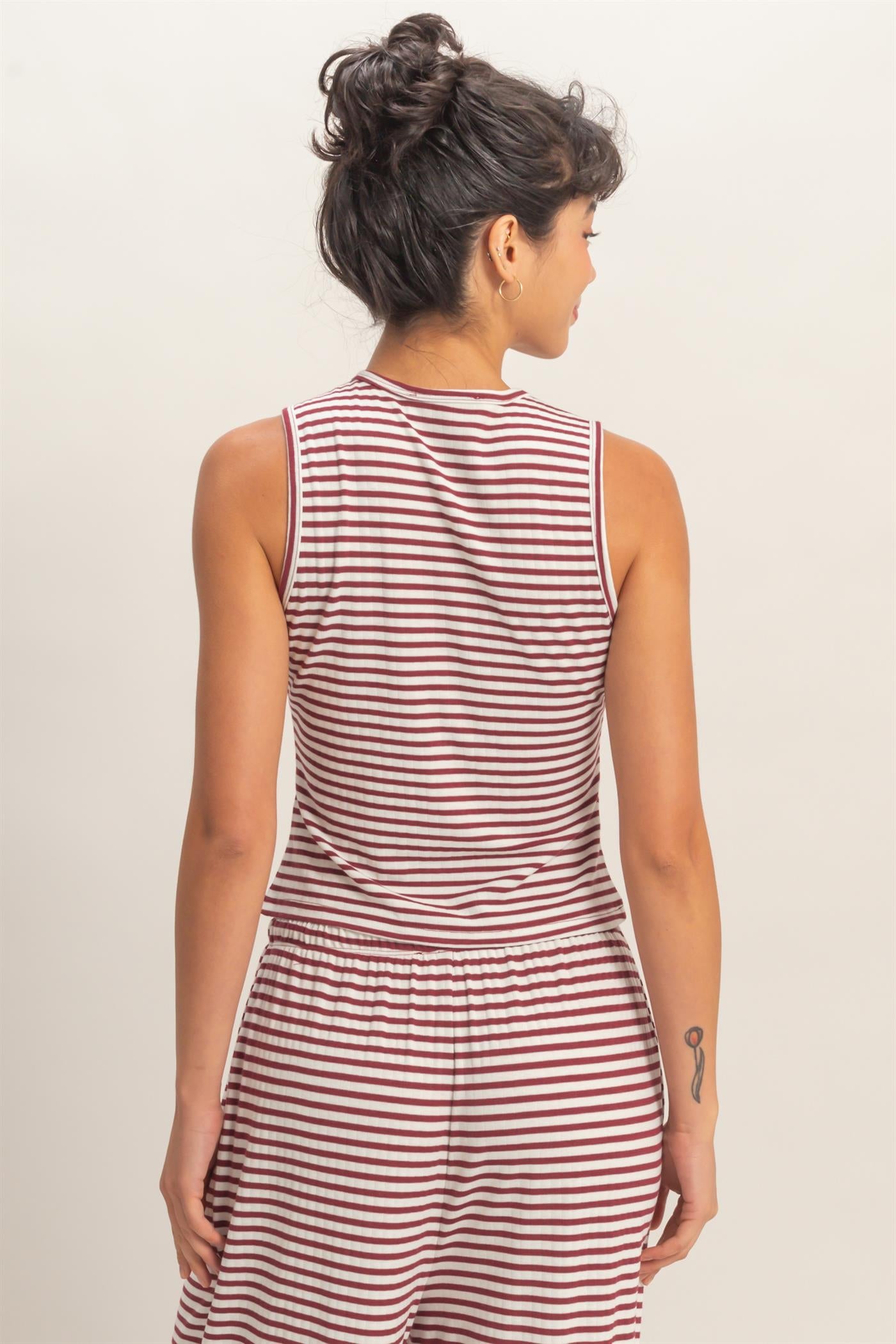 Wholesale Striped Button-Front Crew Neck Sleeveless Top Clothing Tops DZ26C075 DARK RED DOUBLE ZERO