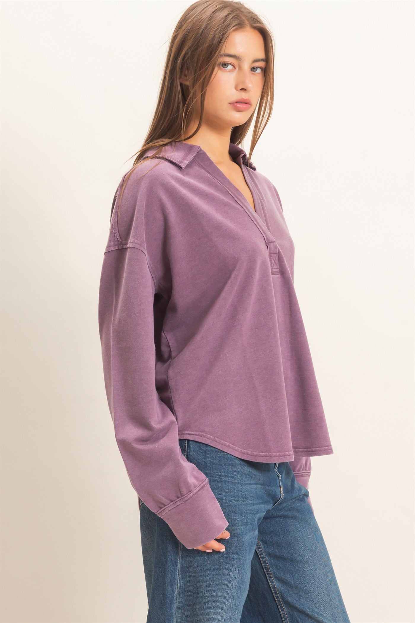 Wholesale Mineral Washed Polo Collar Long Sleeve Top Polos DZ26E887 DARK CHERRY DOUBLE ZERO