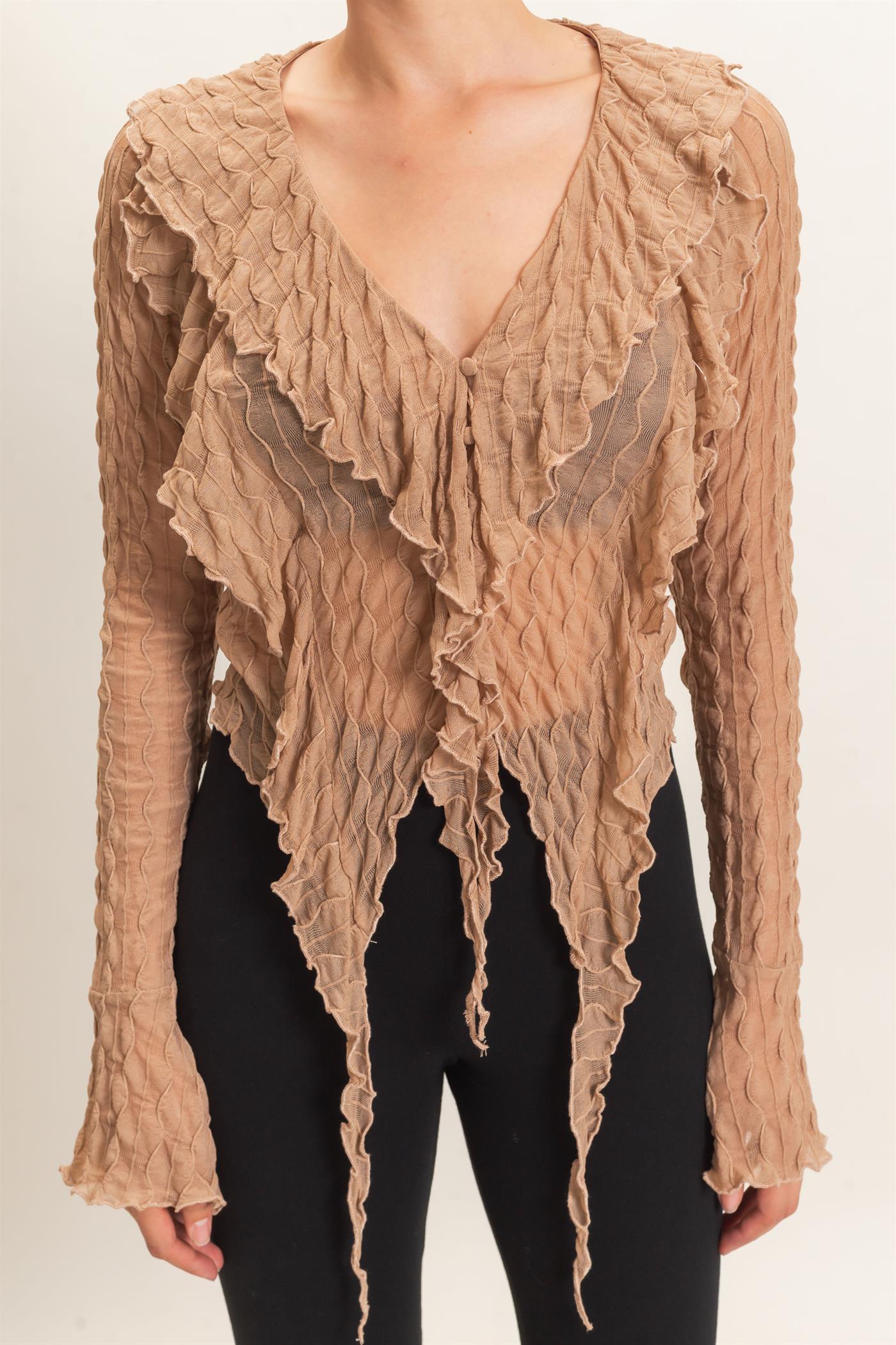Wholesale Textured V-Neck Tie Front Top Blouses HF26F072 TAN HYFVE