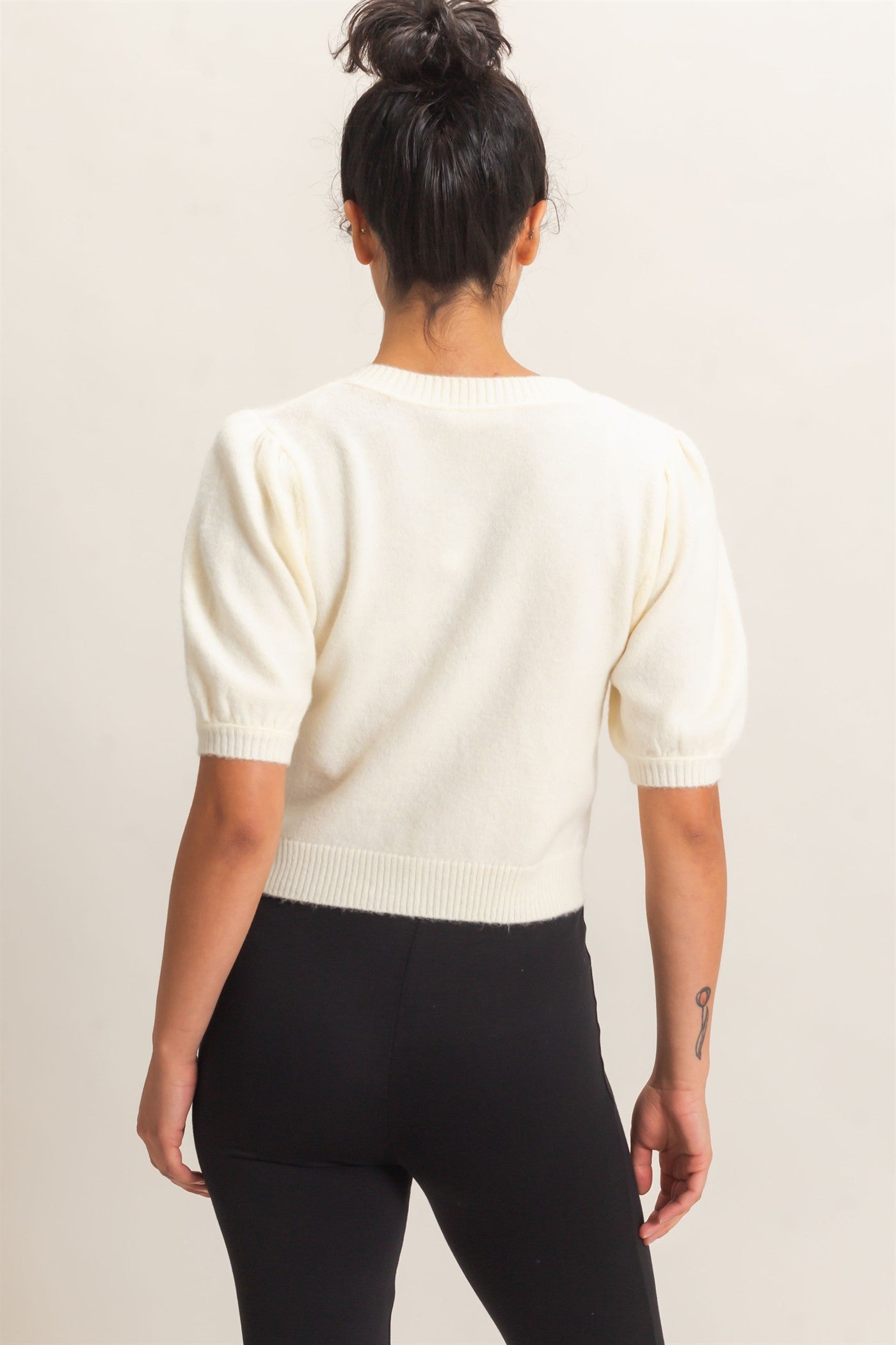 Wholesale Button Front Puff Short Sleeve Cardigan Cardigans DZ26C960 CREAM DOUBLE ZERO