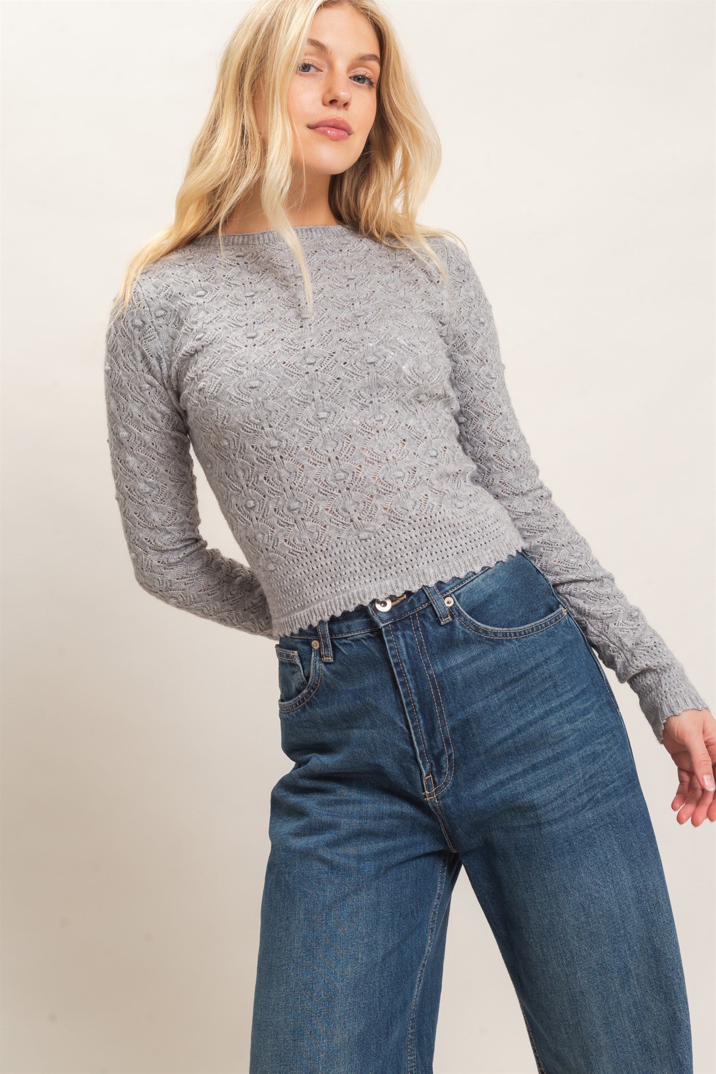 Wholesale Crochet Scalloped Hem Sweater Sweaters HF26F195 HEATHER GRAY HYFVE