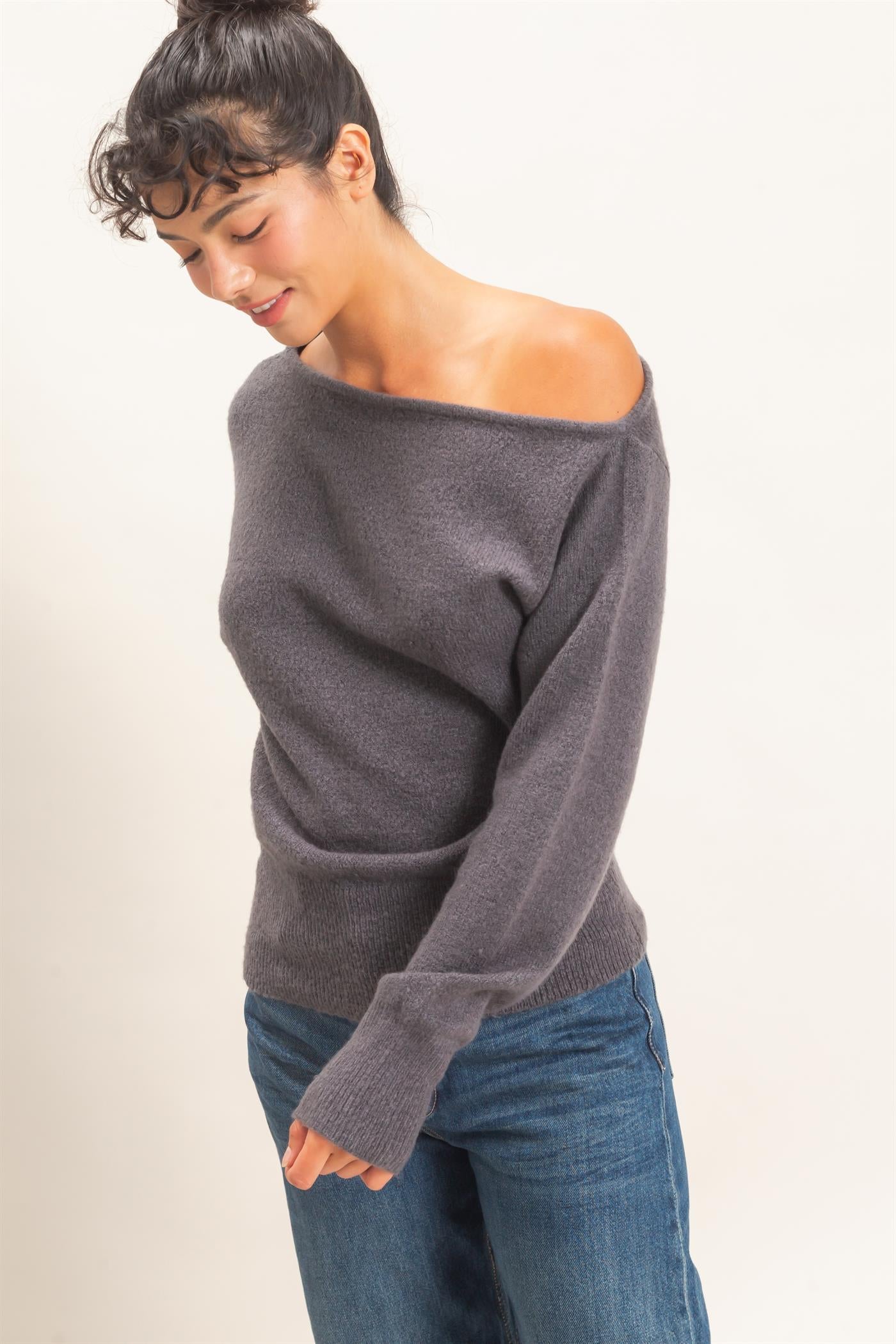 Wholesale Off The Shoulder Sweater Top Sweaters DZ26F290 CHARCOAL DOUBLE ZERO