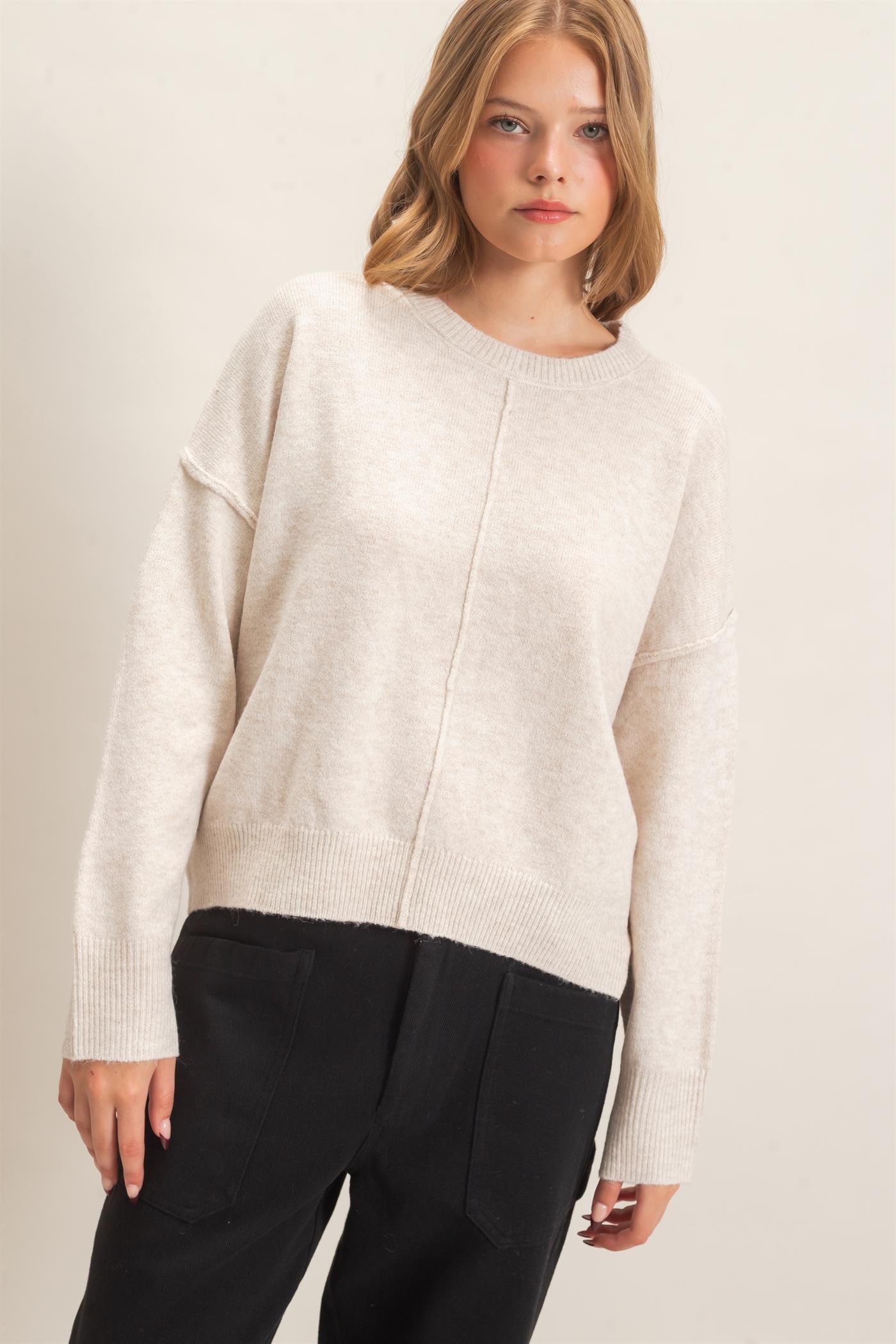 Wholesale Crew Neck Sweater With Ribbed Hem Sweaters HF26E203-D OATMEAL HYFVE