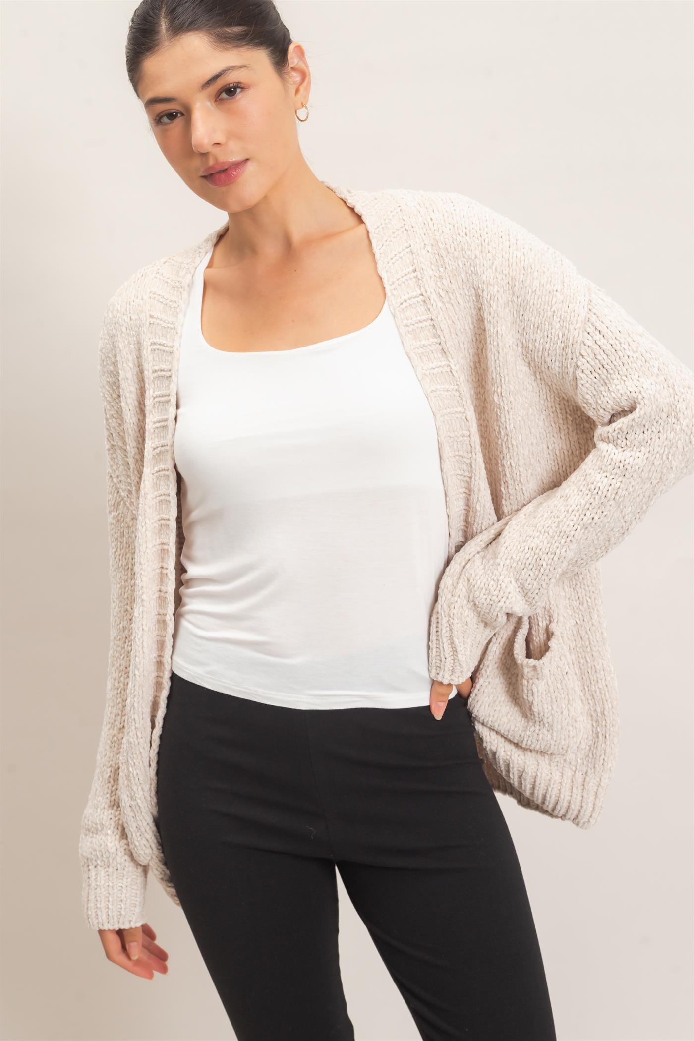 Wholesale Patch Pocket Chenille Cardigan Cardigans HF26E839 SAND HYFVE