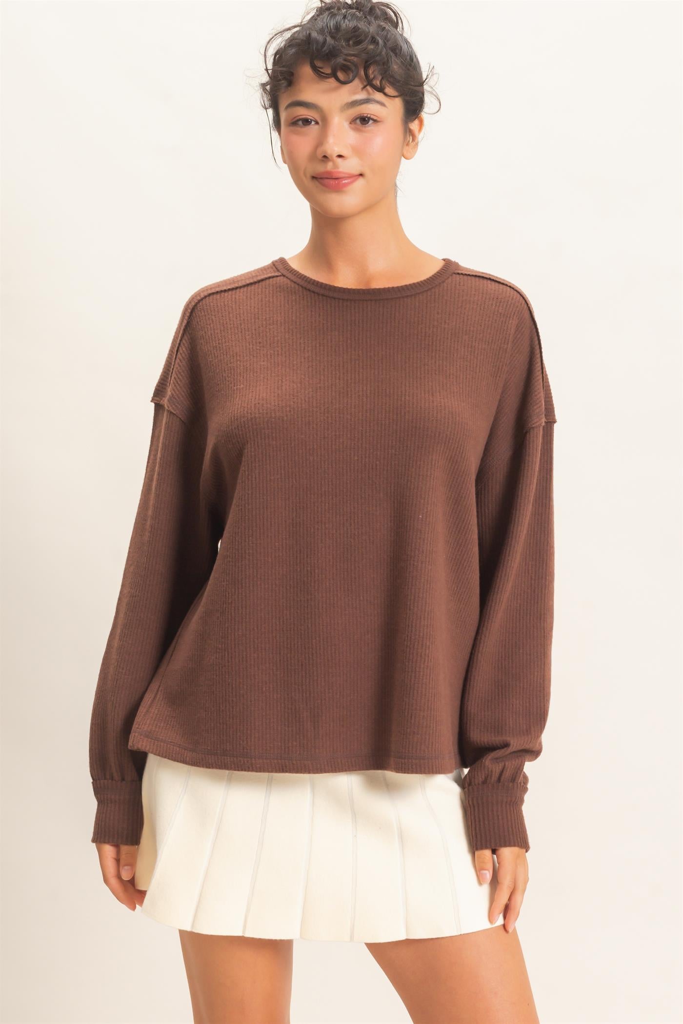 Wholesale Raw Edge Waffle Sweatshirt Sweatshirts DZ26F081 DARK BROWN HYFVE