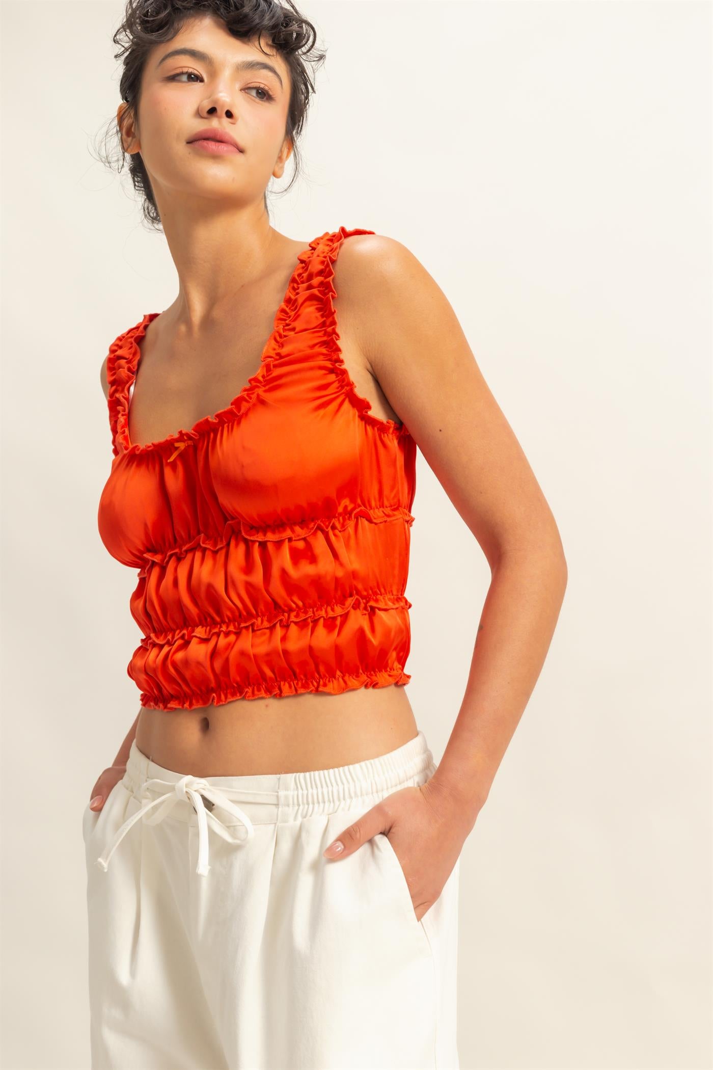 Wholesale Ruched Satin Sleeveless Crop Top Clothing Tops DZ25C172 TOMATO DOUBLE ZERO