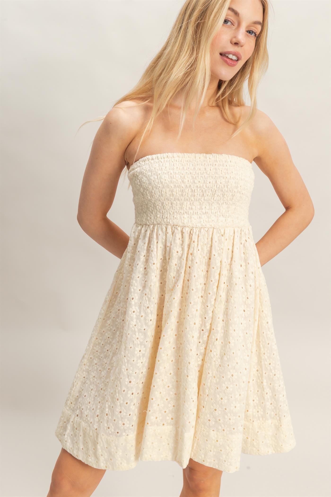 Wholesale Smocked Tube Top Dress Dresses HF26A246 CREAM HYFVE