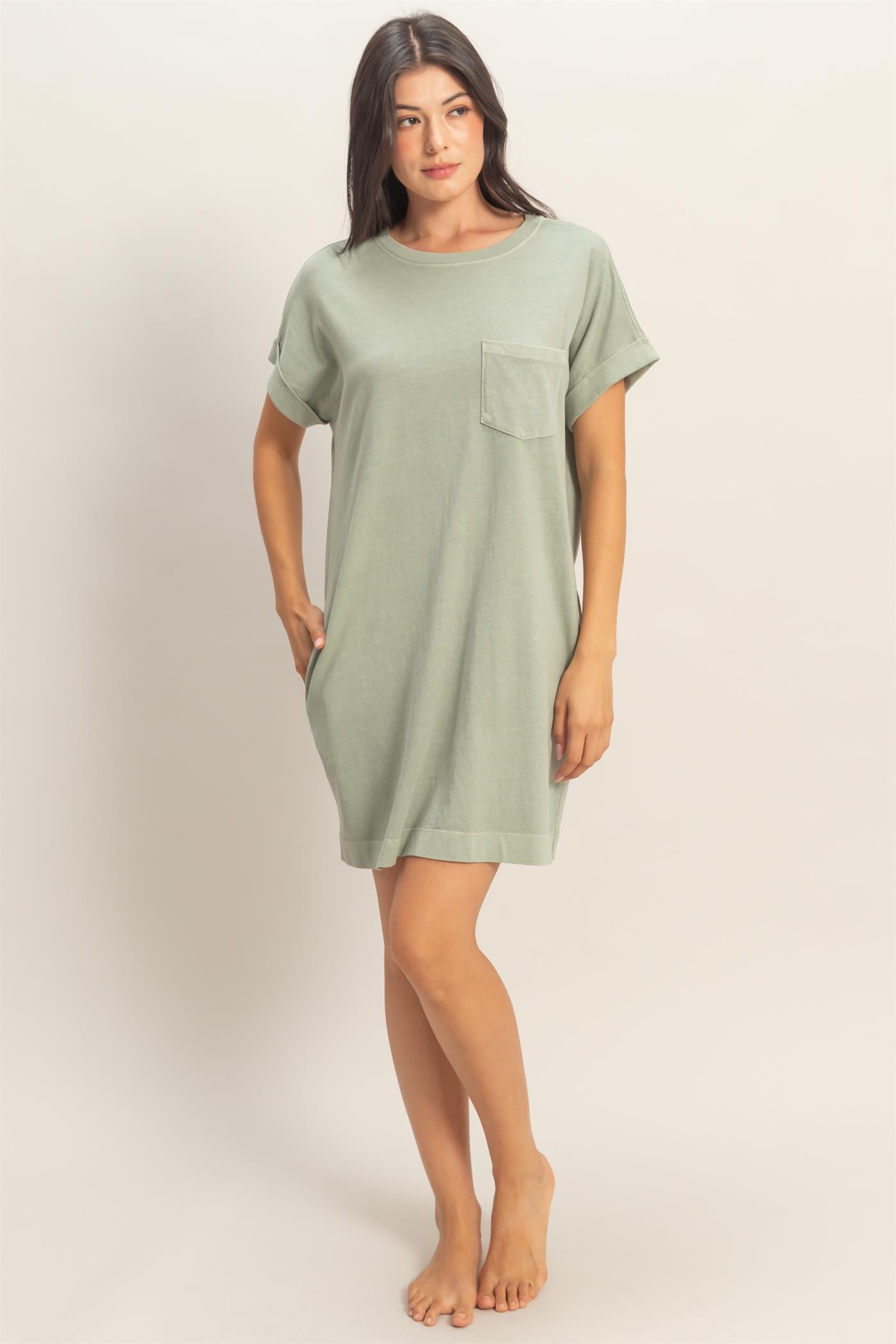 Wholesale Round Neck T-Shirt Mini Dress Dresses DZ26A029 SAGE GREEN DOUBLE ZERO