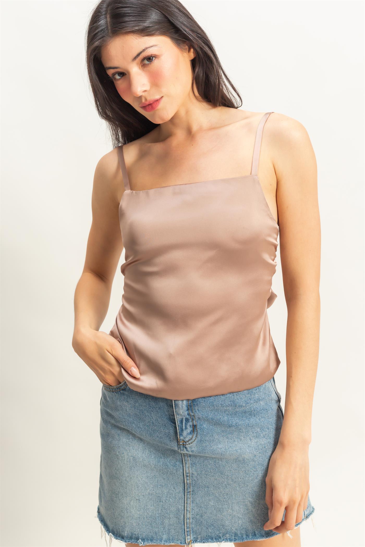 Wholesale Satin Back Tie Detail Sleeveless Top Clothing Tops DZ25C126 DARK TAUPE DOUBLE ZERO
