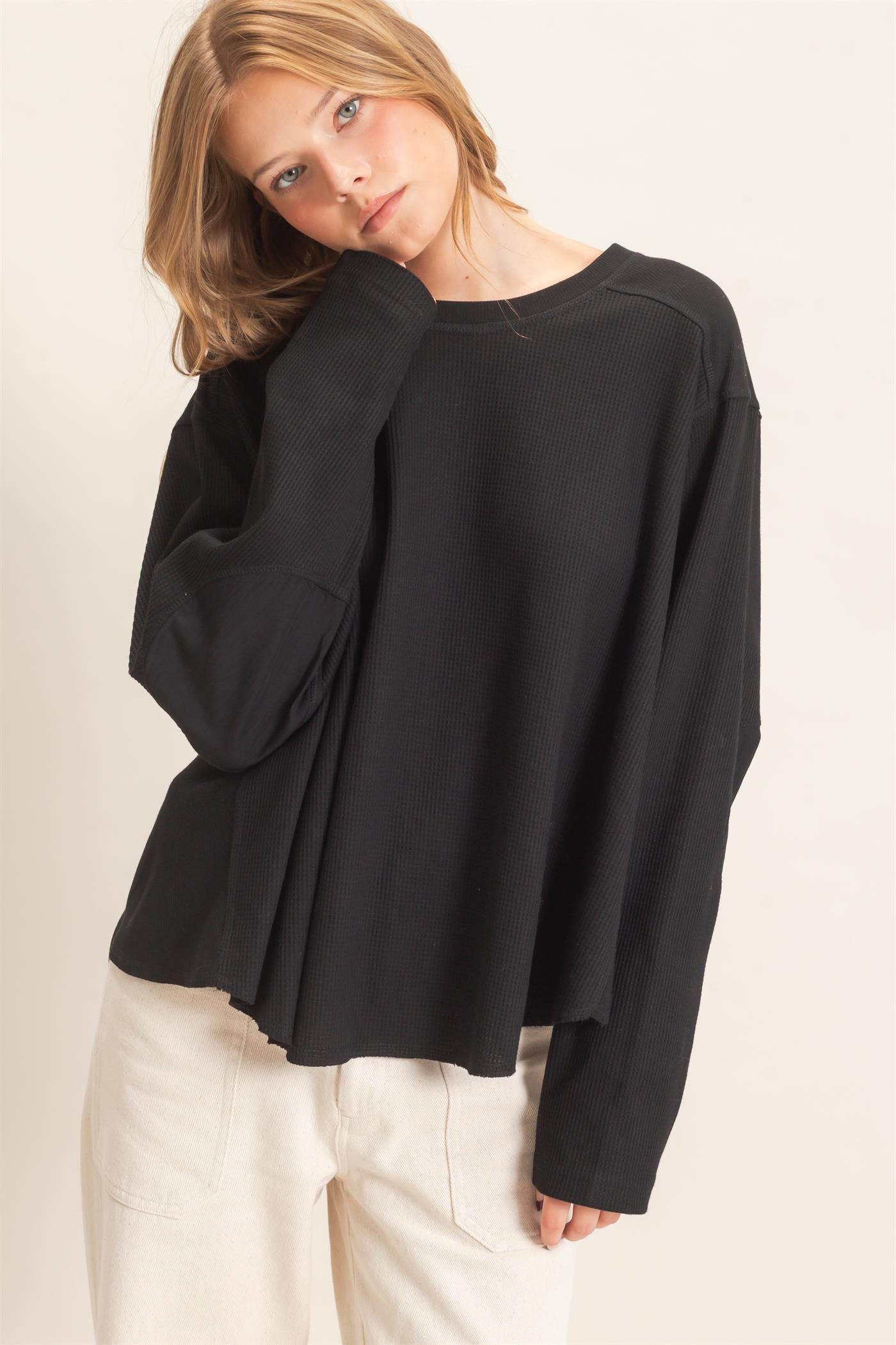 Wholesale Waffle Knit Crew Neck Top Clothing Tops HF26E078 BLACK HYFVE