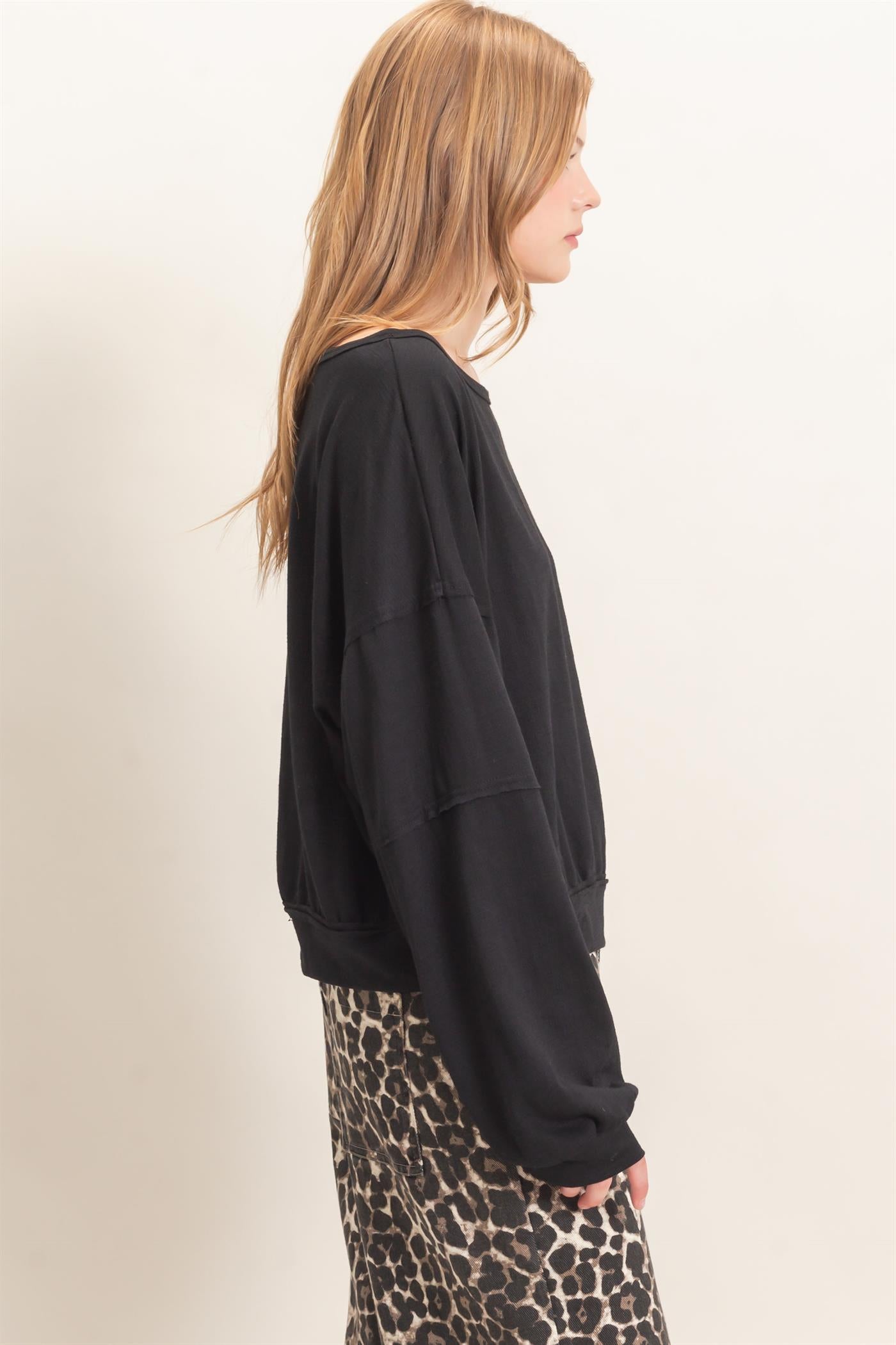 Wholesale Relaxed Boat Neck Long Sleeve Top Clothing Tops HF25F340 BLACK HYFVE