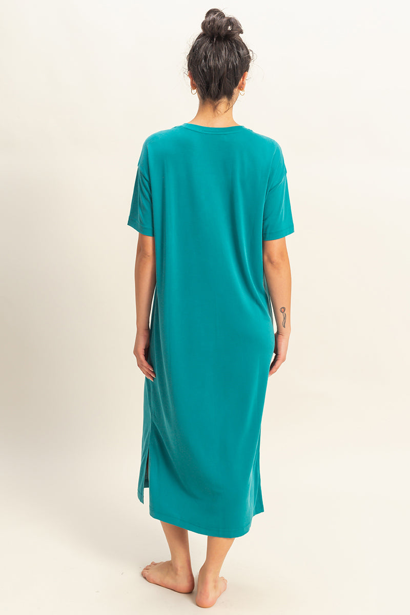 Wholesale Side Slit T-Shirt Midi Dress Dresses DZ23A961 TEAL DOUBLE ZERO