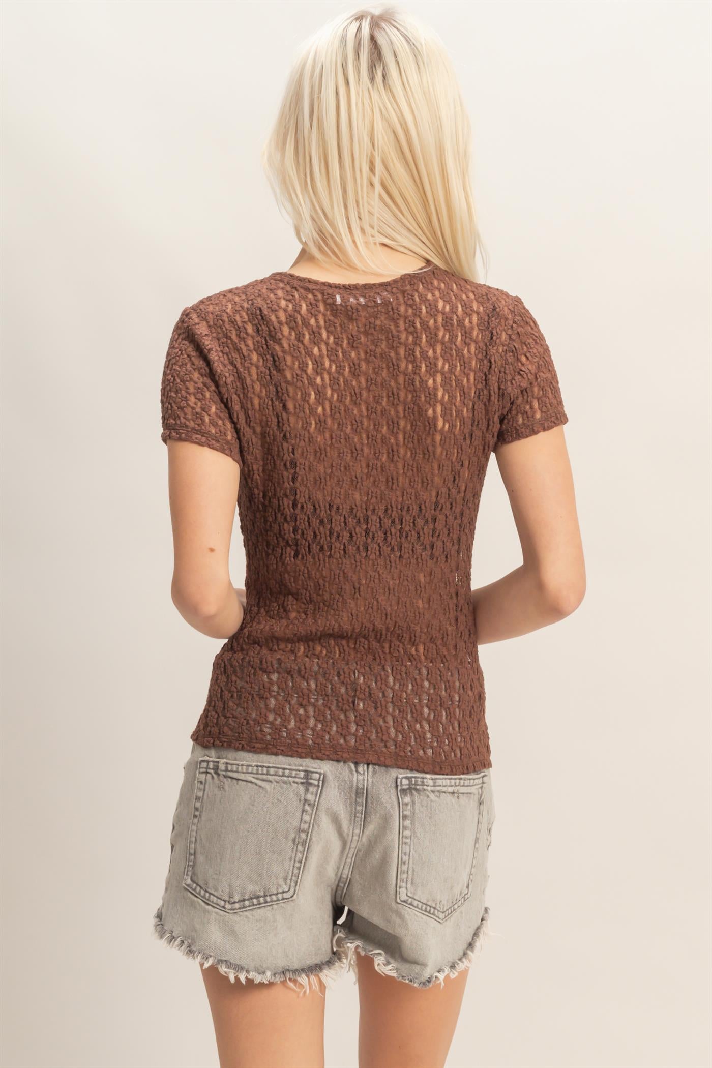 Wholesale Textured Lace Short Sleeve Top Clothing Tops DZ26C394 CHOCOLATE DOUBLE ZERO