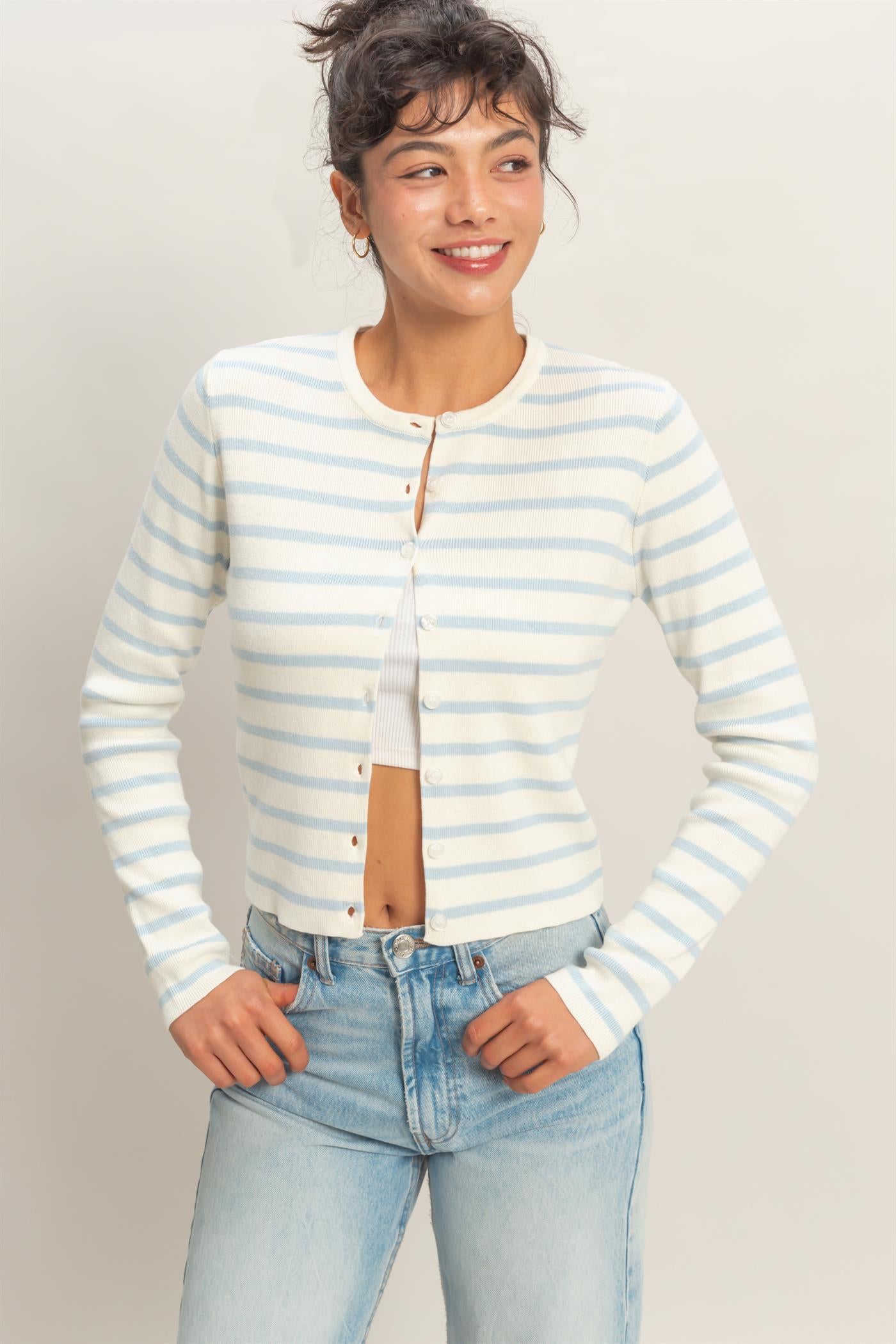 Wholesale Striped Button-Up Cardigan Cardigans DZ26C166 ICE BLUE DOUBLE ZERO