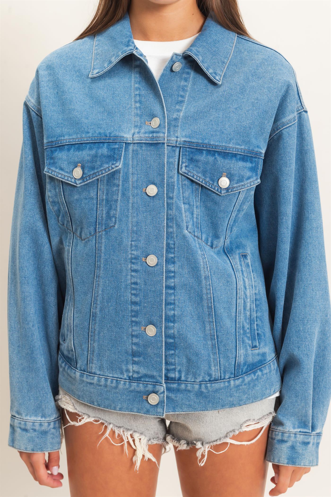 Wholesale Oversized Denim Trucker Jacket Coats & Jackets DZ26E804 MEDIUM BLUE DOUBLE ZERO