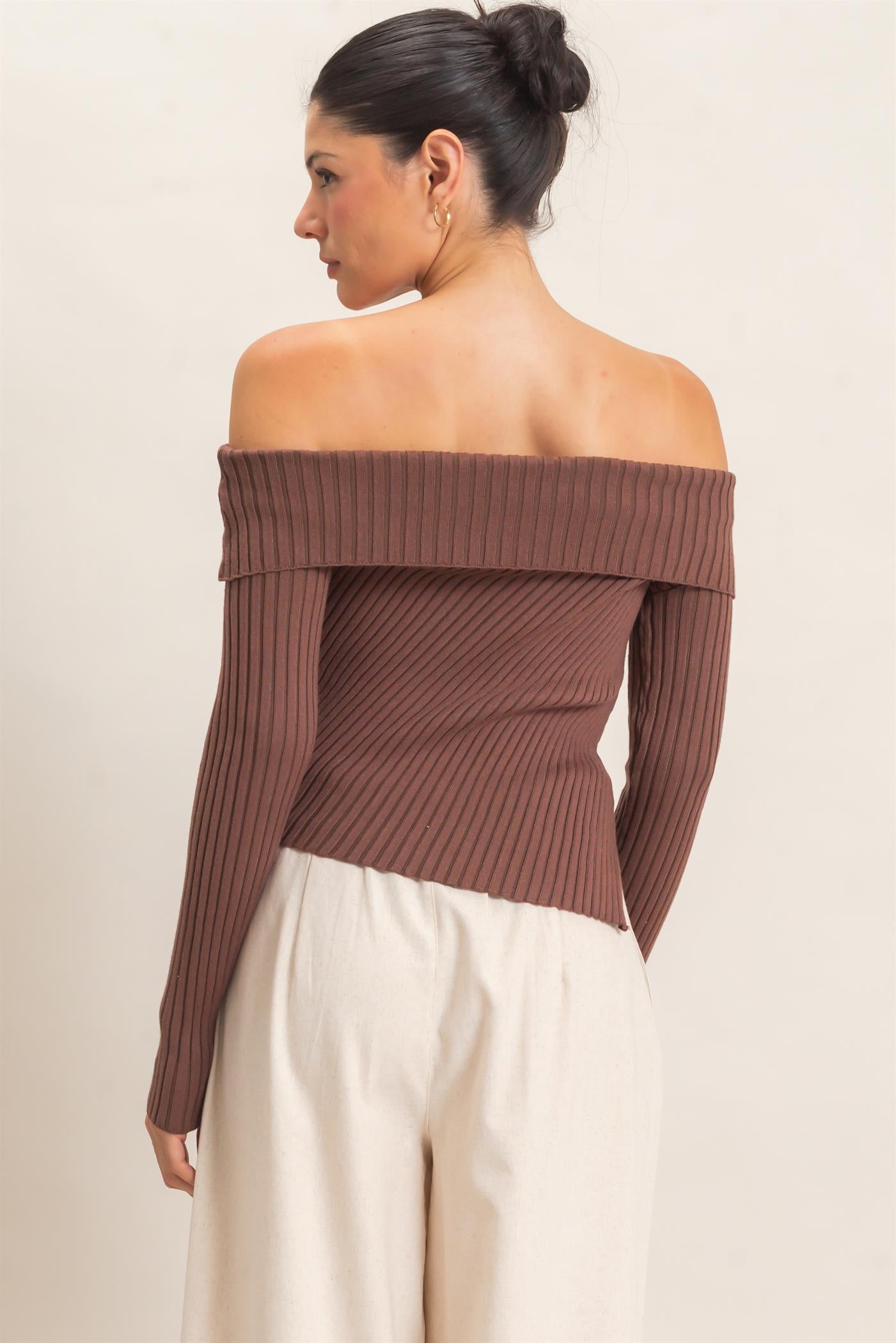 Wholesale Ribbed Off-Shoulder Sweater Sweaters HF26E937 BROWN HYFVE