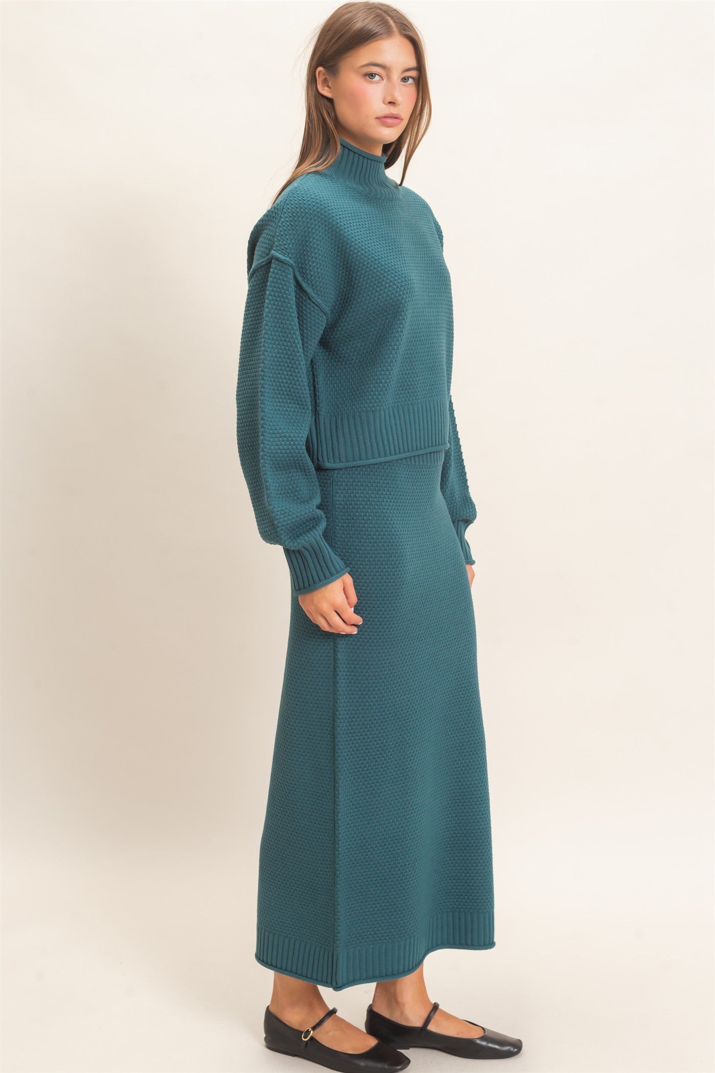 Wholesale High Neck Long Sleeve Top & Maxi Skirt Set Clothing DZ26E272-SET DARK TEAL DOUBLE ZERO