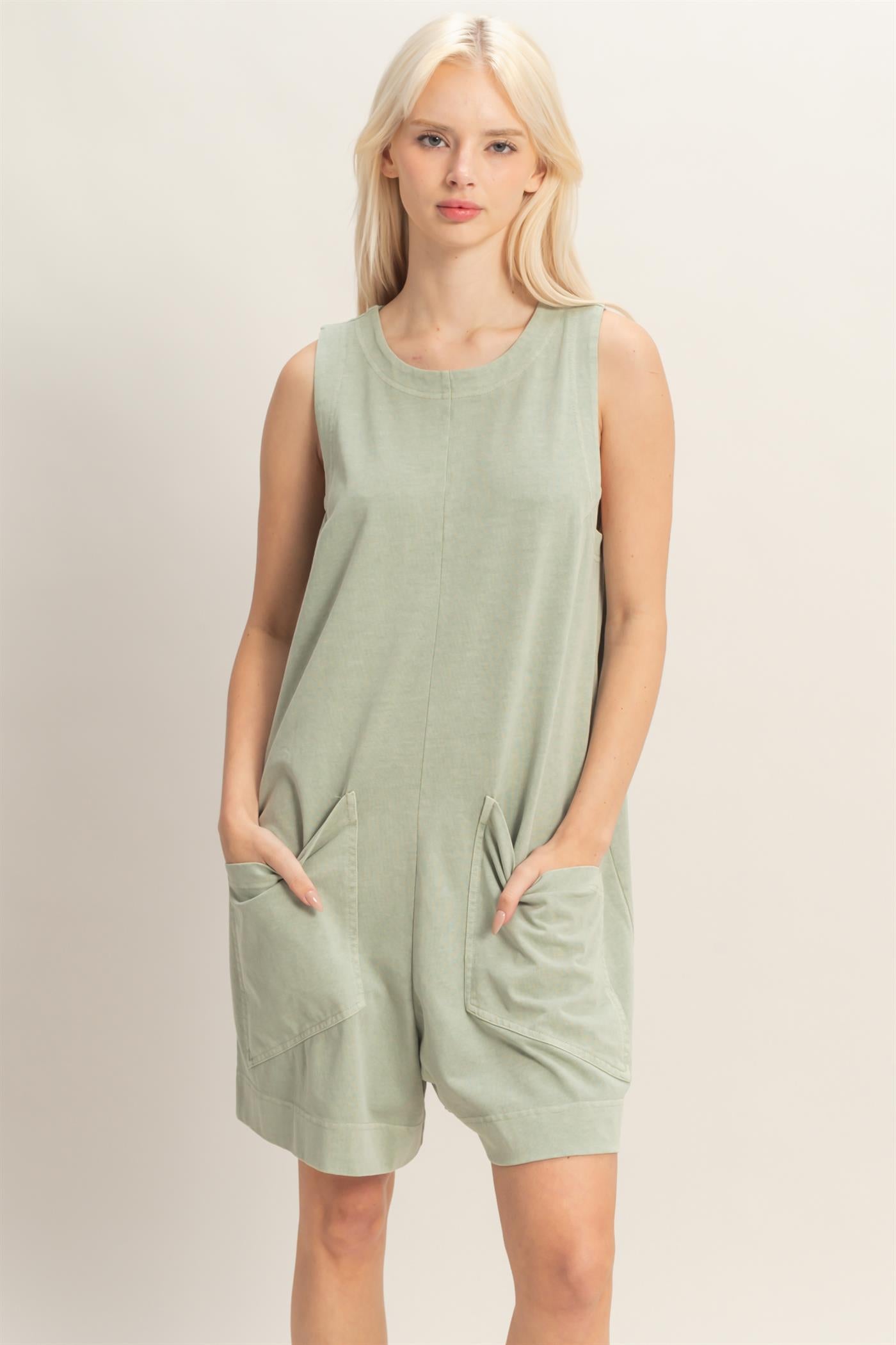 Wholesale Pocket Detail Sleeveless Romper Clothing DZ26A327 SAGE GREEN DOUBLE ZERO