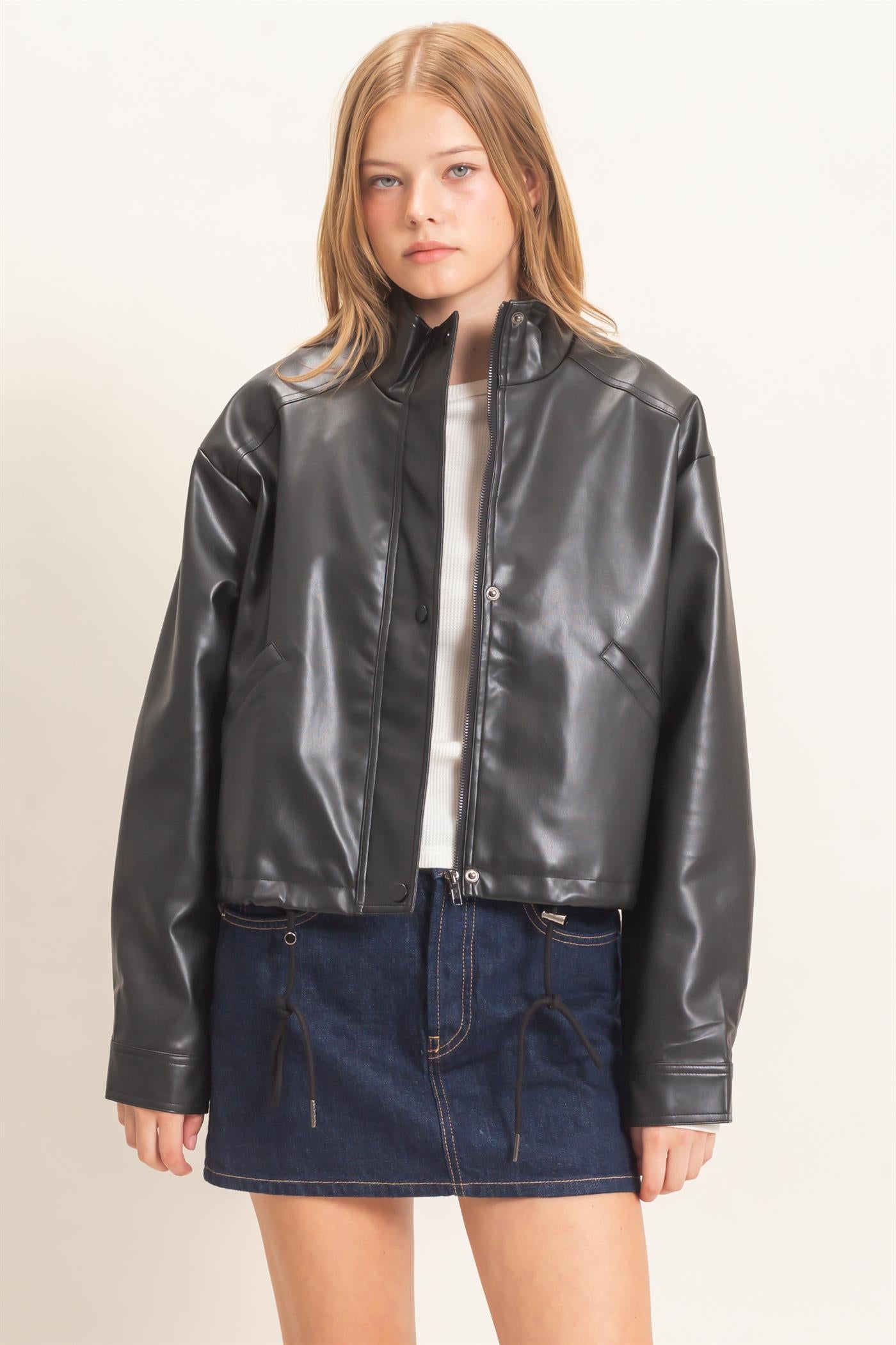 Wholesale Faux Leather Jacket With Stand Collar Bomber Jackets HF25F452 BLACK HYFVE