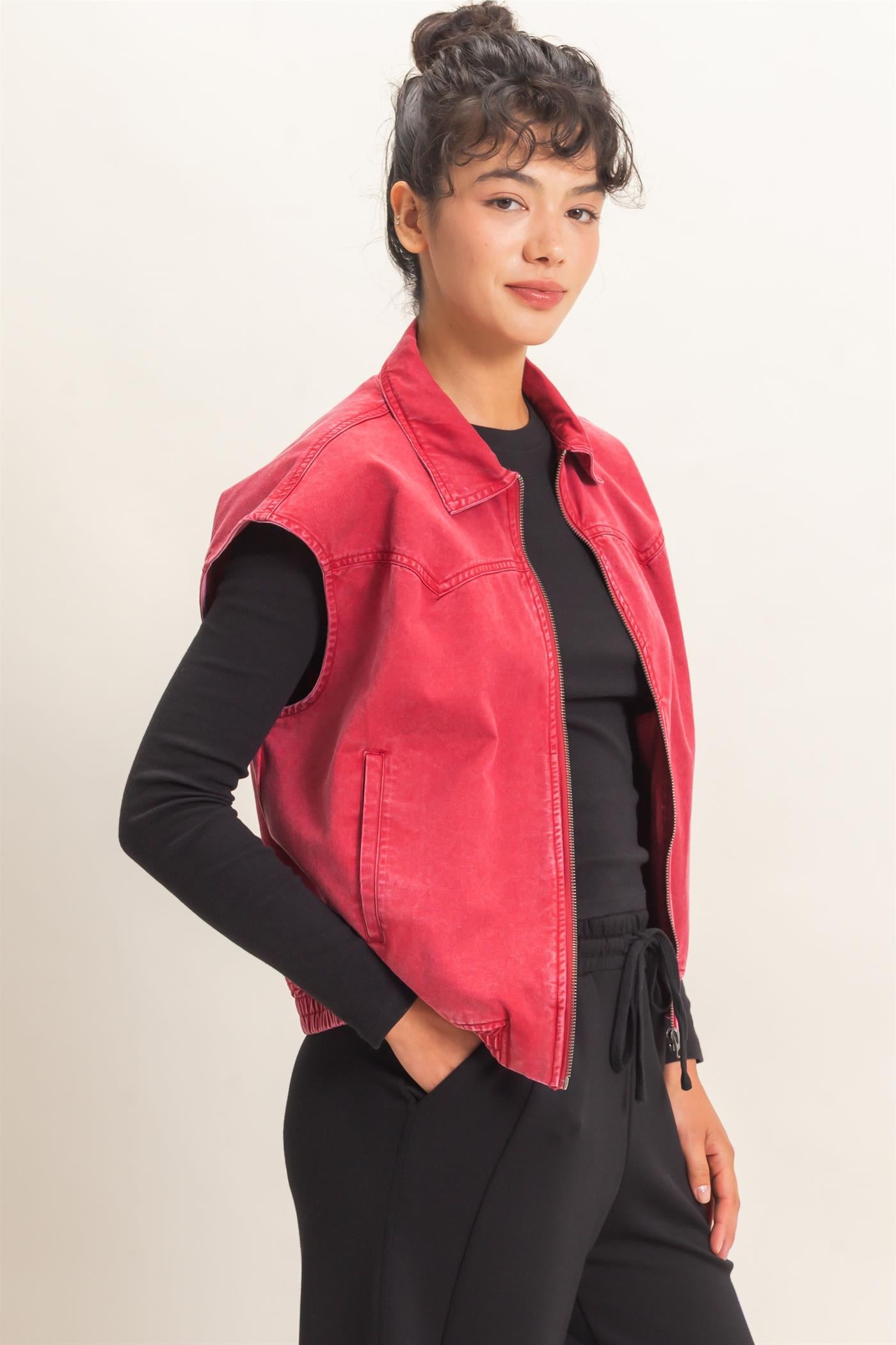 Wholesale Mineral Wash Sleeveless Zip-Up Collar Vest Vests DZ26E392 DARK RED DOUBLE ZERO