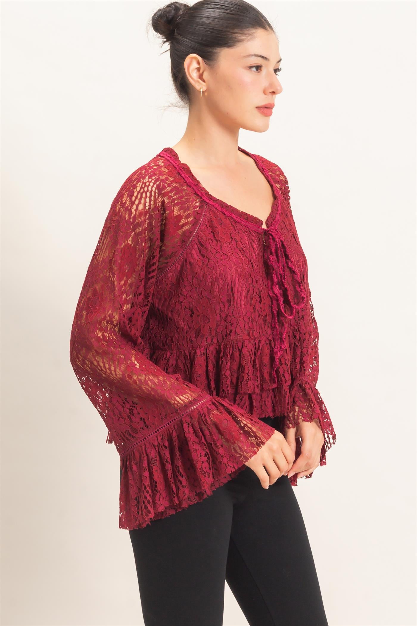 Wholesale Lace Bell Sleeve Top Blouses HF26C768 BURGUNDY HYFVE