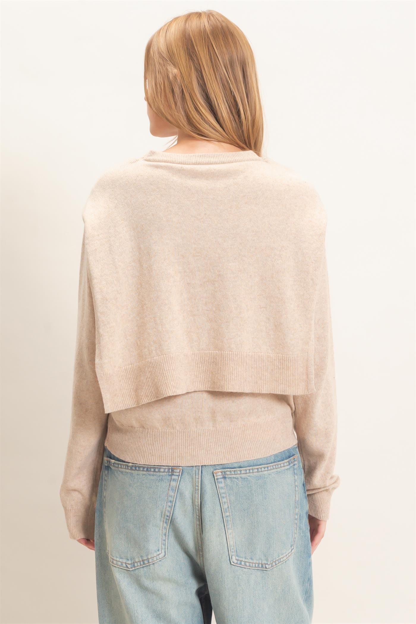 Wholesale Crew Neck Sweater With Faux Wrap Sweaters HF26E698 BEIGE HYFVE
