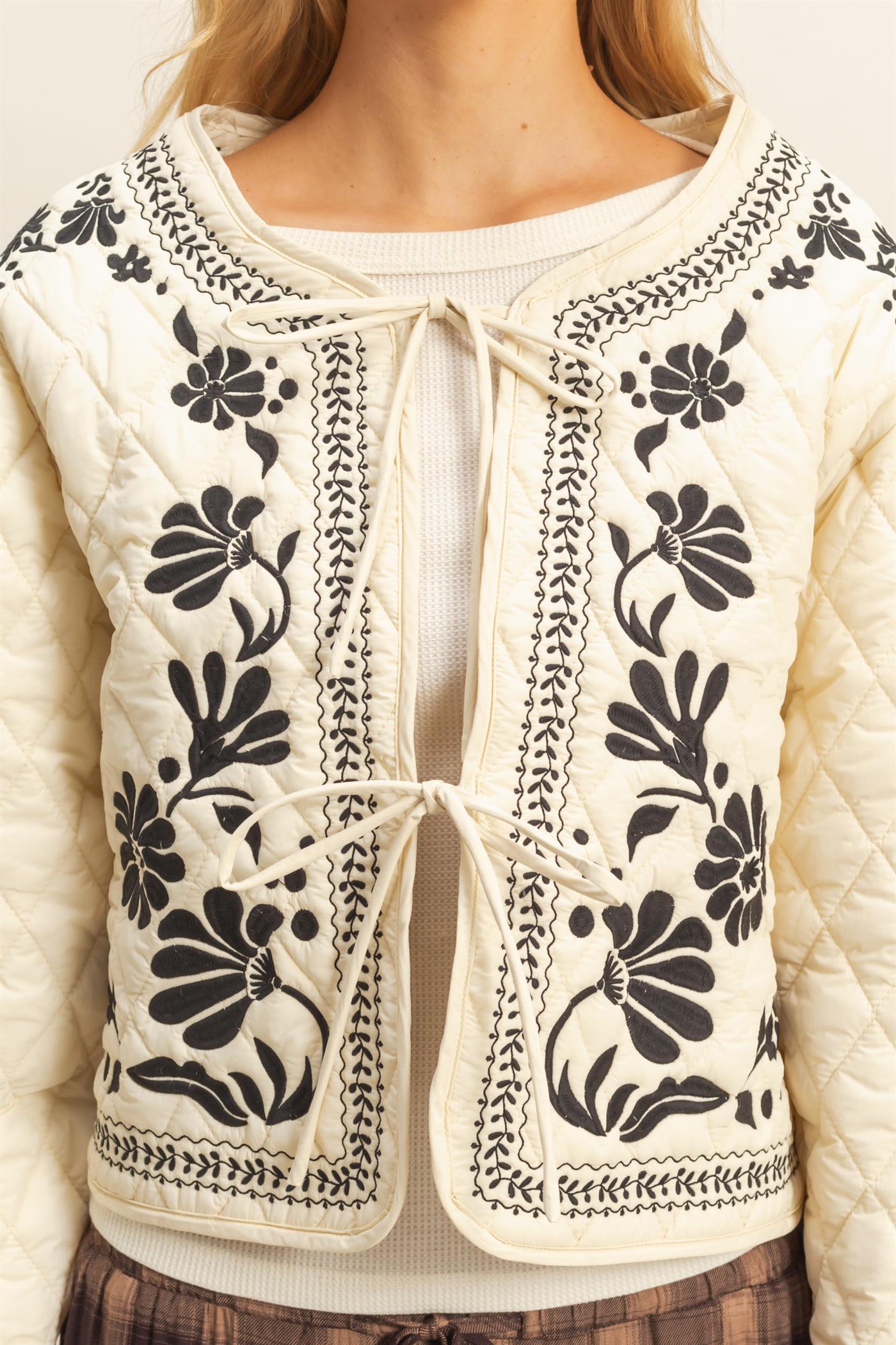 Wholesale Quilted Floral Embroidered Padding Jacket Coats & Jackets HF26A084 CREAM HYFVE