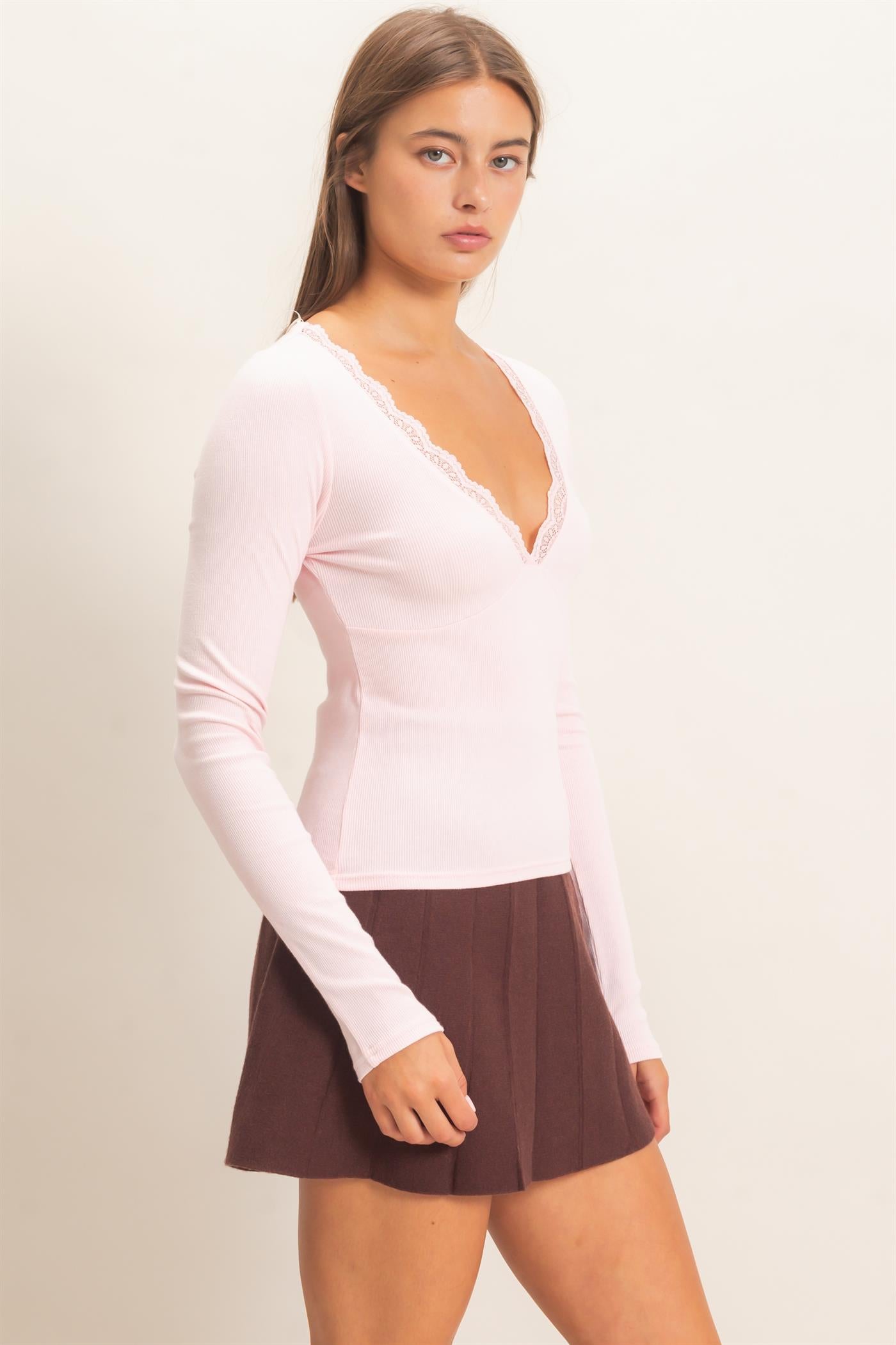 Wholesale Lace Trim V-Neck Top Clothing Tops DZ26E913 LIGHT PINK DOUBLE ZERO