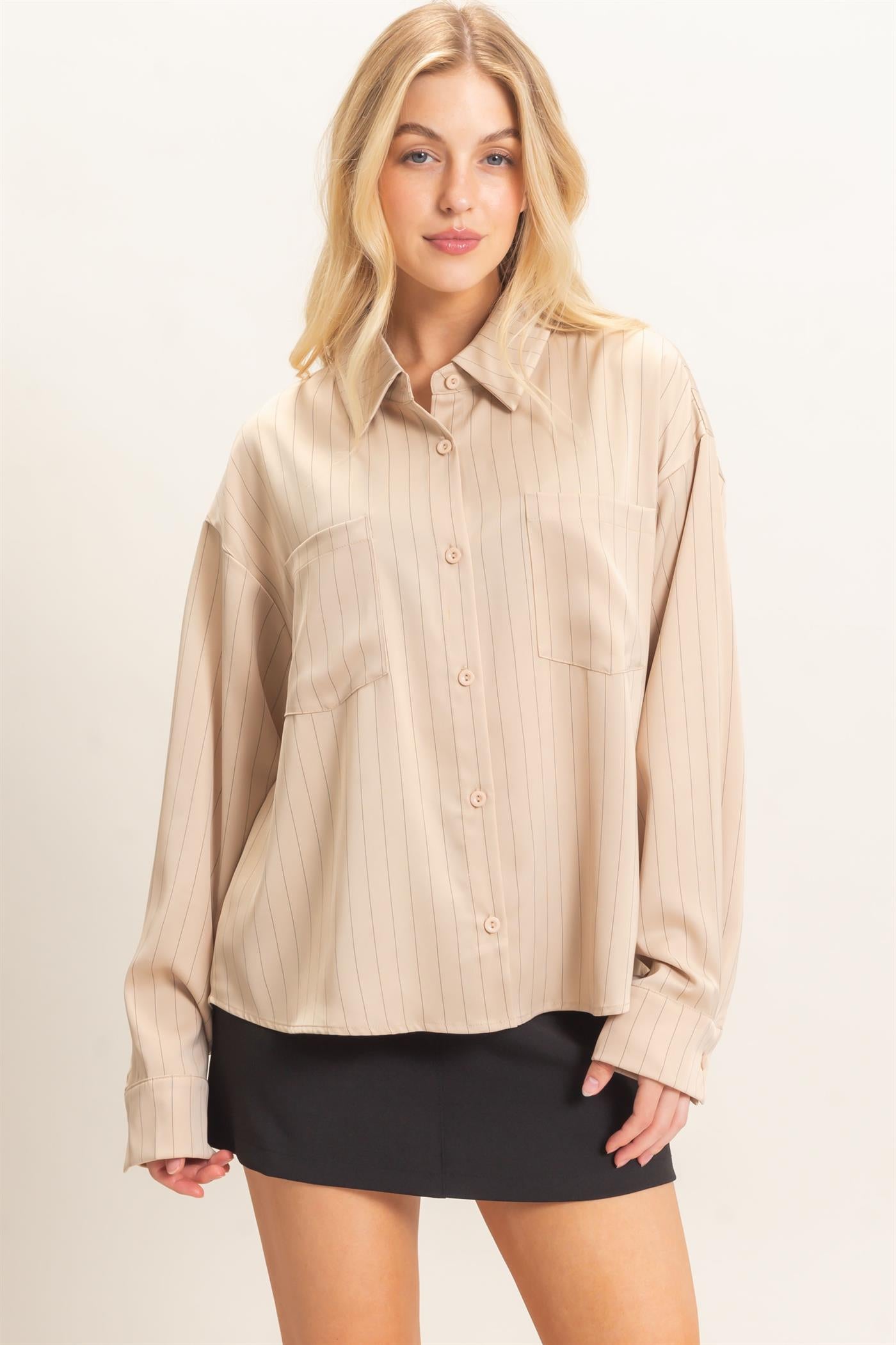 Wholesale Striped Button-Up Blouse Blouses HF26C953 LIGHT TAUPE HYFVE