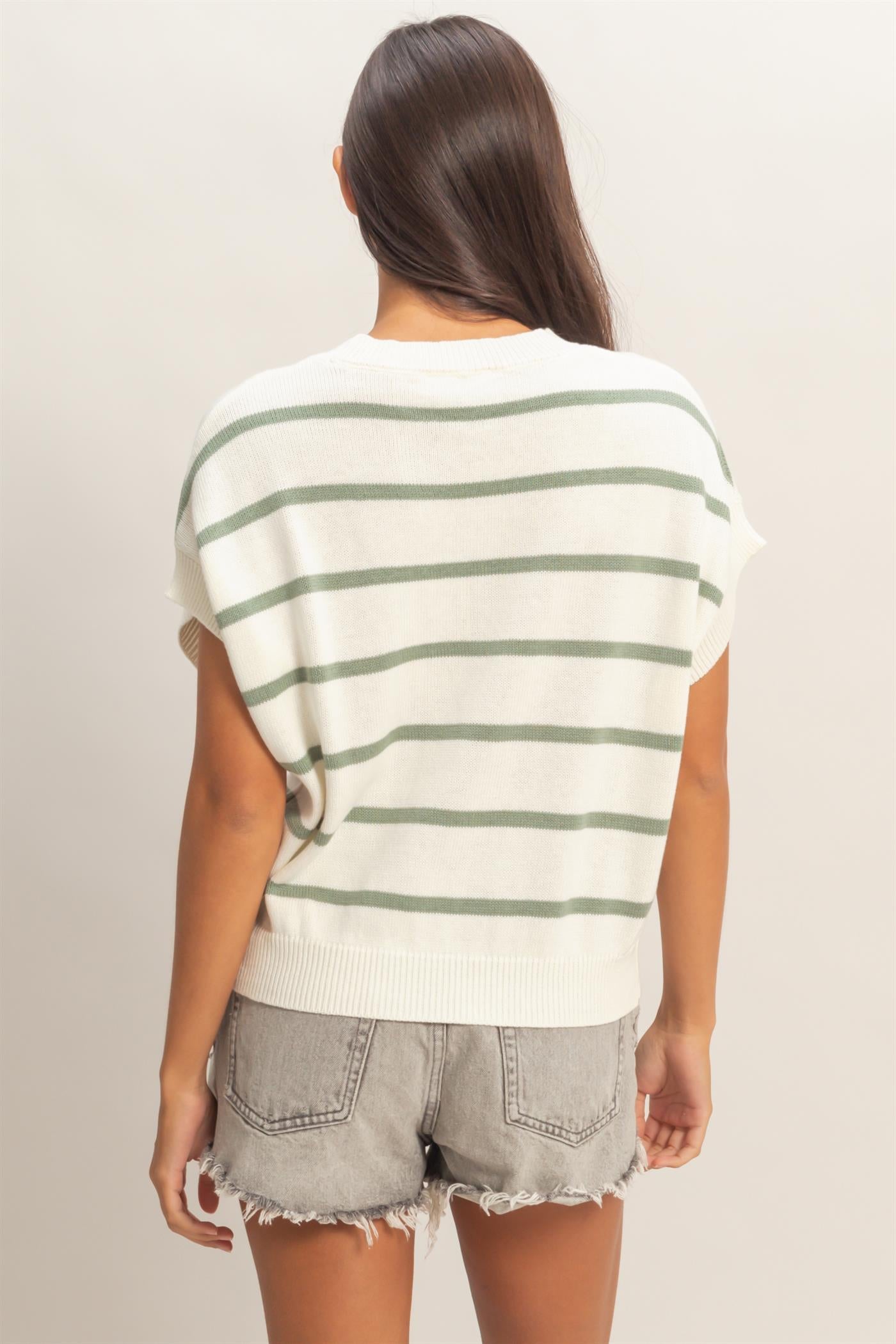 Wholesale Striped Crew Neck Knit Top Clothing Tops DZ26A740 SAGE GREEN DOUBLE ZERO