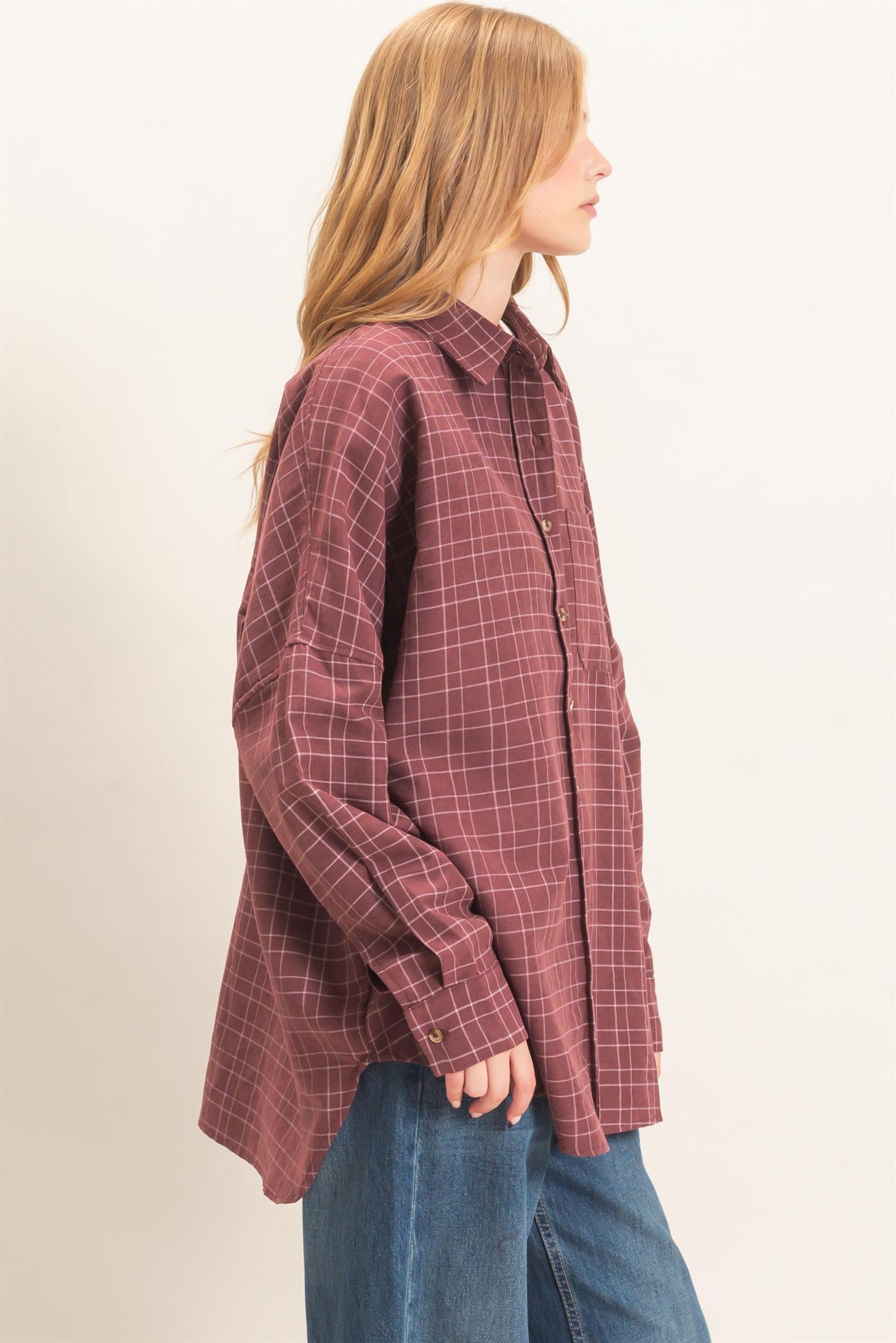 Wholesale Plaid Button-Up Shirt Shirts HF26E734 WINE HYFVE