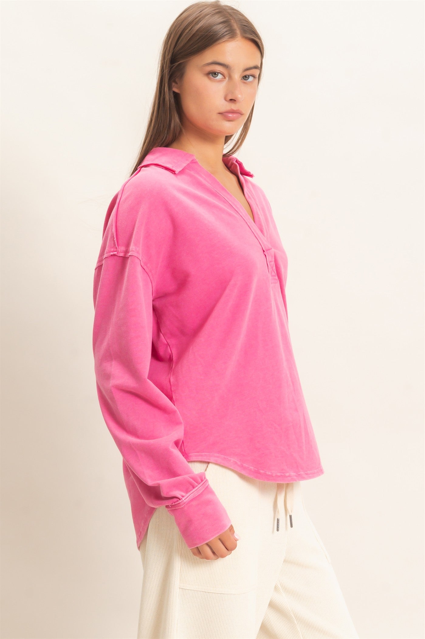 Wholesale Mineral Washed Polo Collar Long Sleeve Top Polos DZ26E887 FUCHSIA DOUBLE ZERO