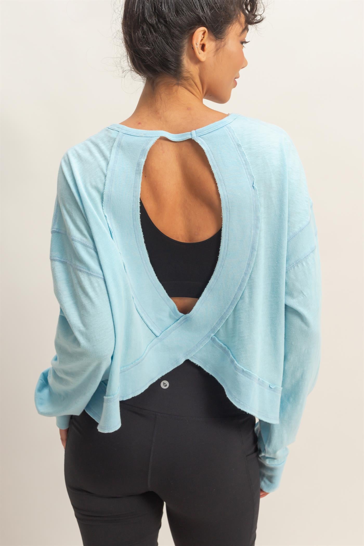 Wholesale Cross Detail Open Back Long-Sleeve Top Clothing Tops DZ26C731 BLUE DOUBLE ZERO