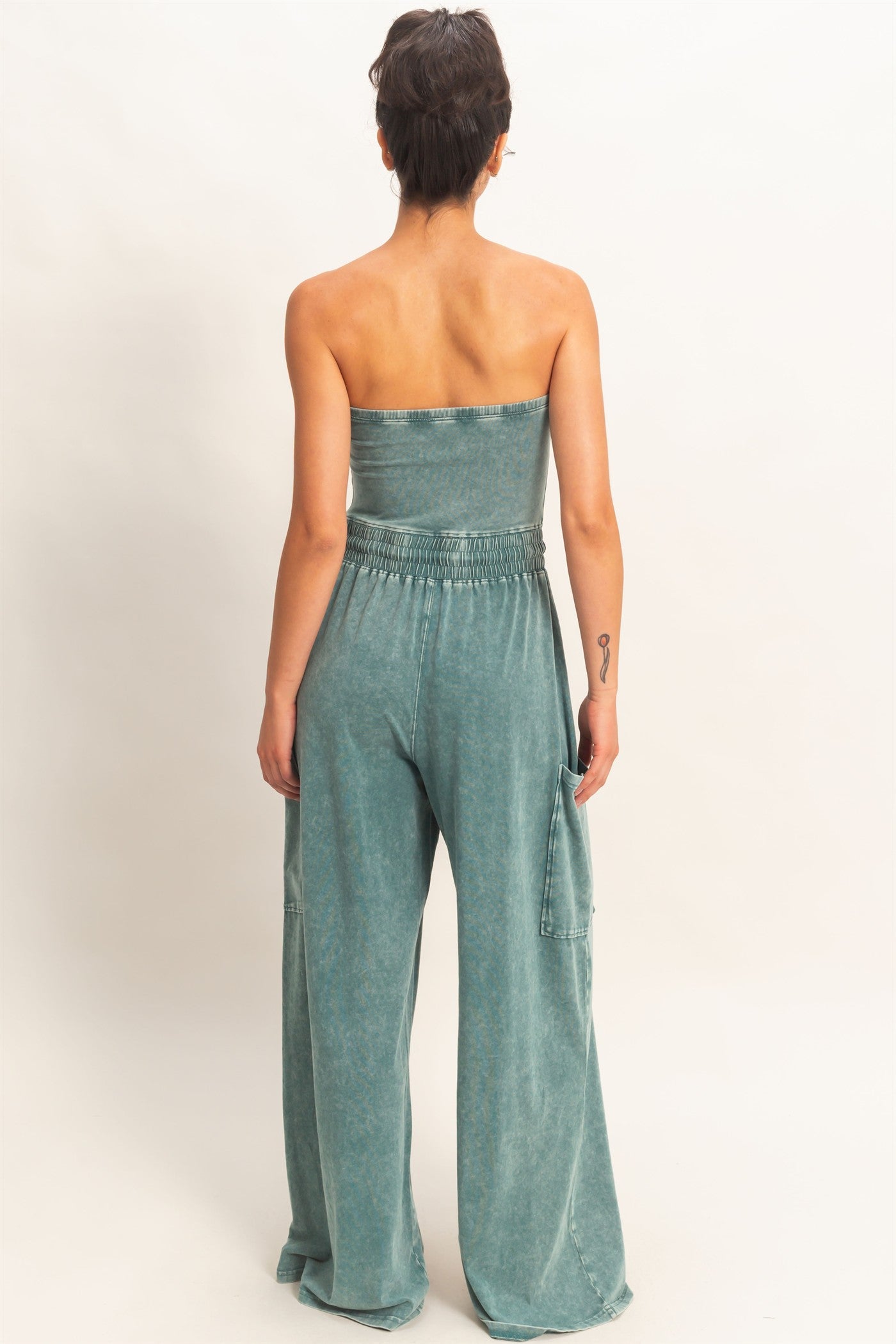 Wholesale Mineral Wash Strapless Wide-Leg Jumpsuit Clothing DZ26C376 DARK TEAL DOUBLE ZERO