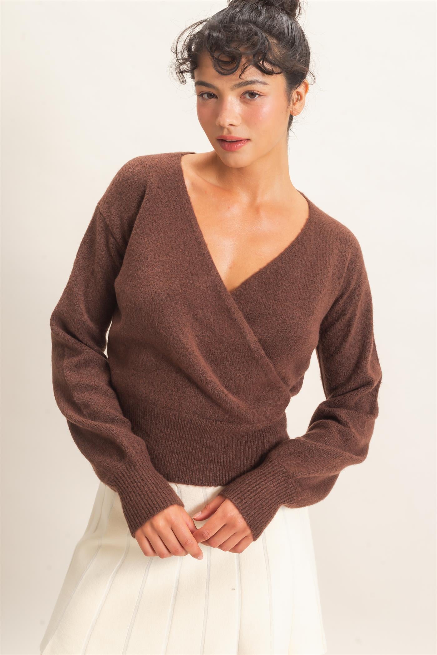 Wholesale Wrap V Neck Sweater Sweaters DZ26E948 DARK BROWN DOUBLE ZERO