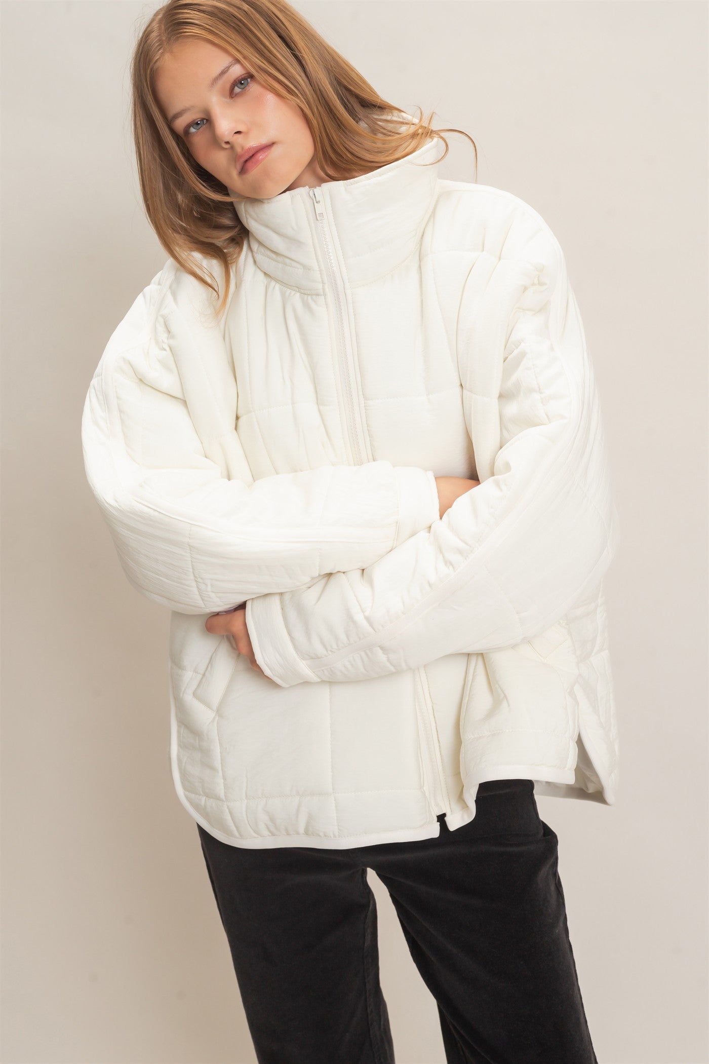 Wholesale Quilted Mock Neck Zip-Up Puffer Jacket Coats & Jackets HF26C865 IVORY HYFVE