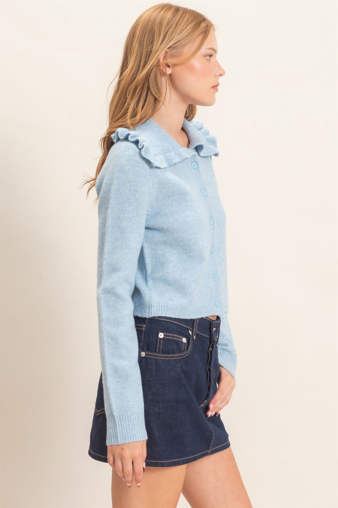 Wholesale Ruffled Collar Knit Cardigan Cardigans HF26E162-D BABY BLUE HYFVE