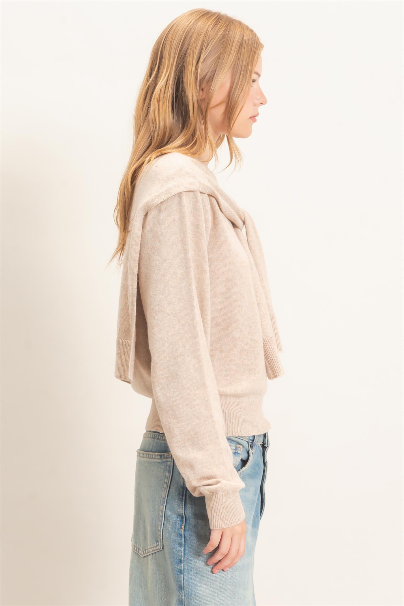 Wholesale Crew Neck Sweater With Faux Wrap Sweaters HF26E698 BEIGE HYFVE