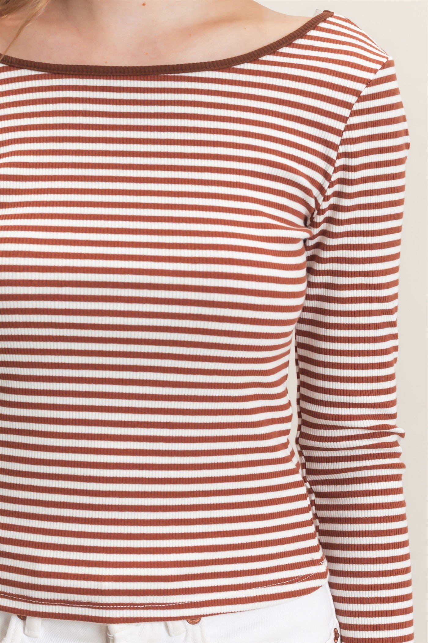 Wholesale Striped Boat Neck Long Sleeve Top Clothing Tops HF26F080 BROWN/WHITE HYFVE