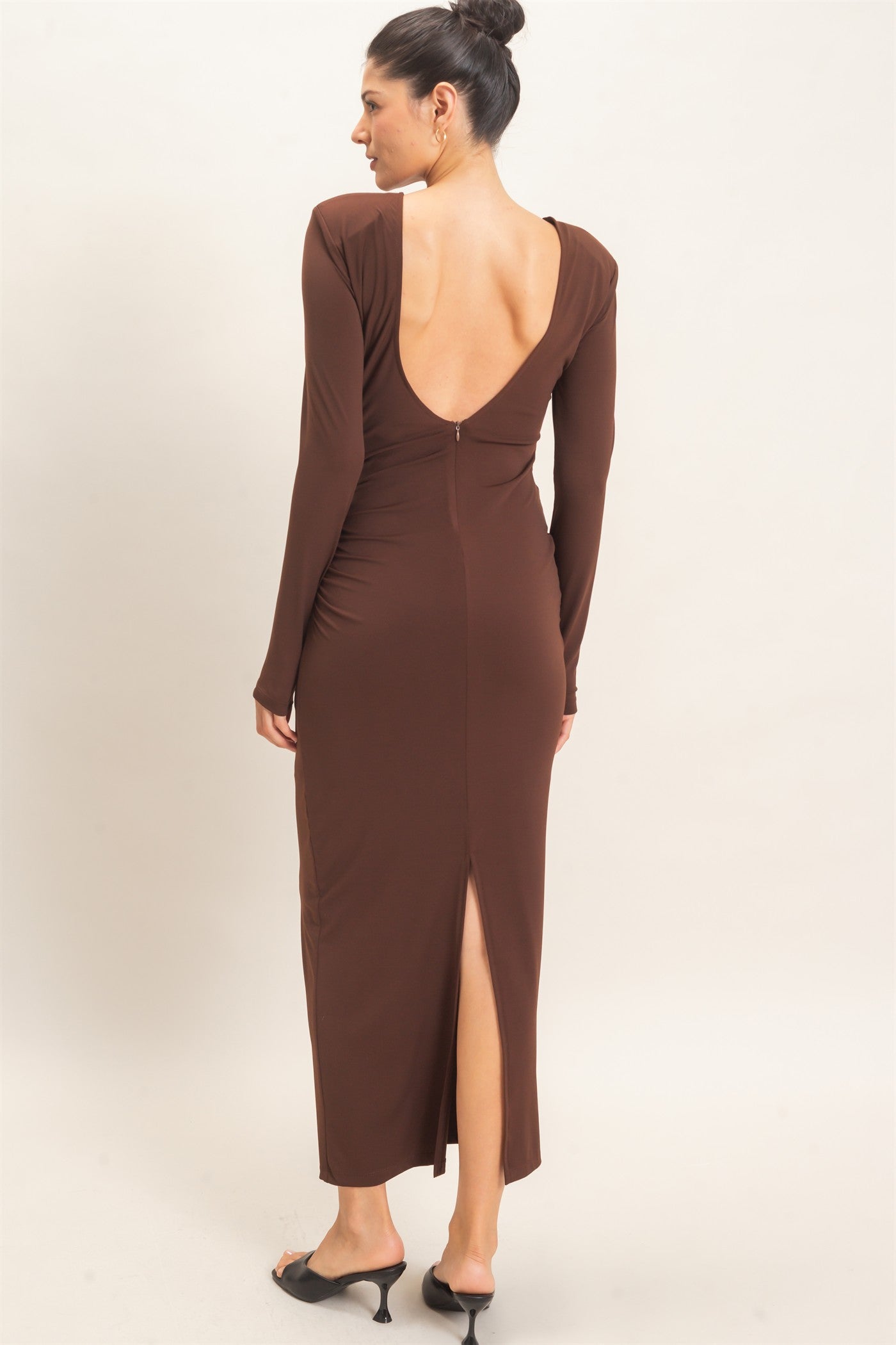 Wholesale Ruched Long Sleeve Open Back Midi Dress Dresses HF26F118 CHOCOLATE HYFVE