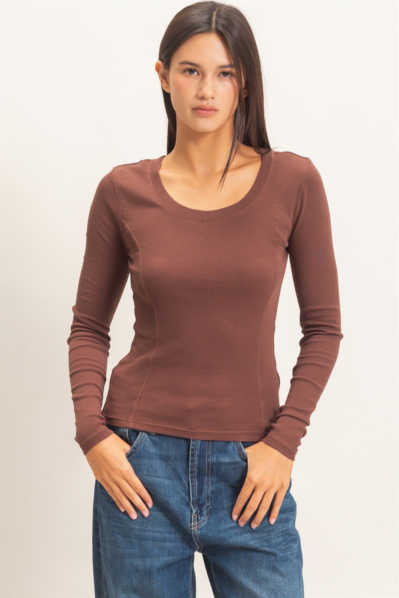 Wholesale Pigment Dye Seam Detail Scoop Neck Top Clothing Tops DZ26E242 DARK BROWN DOUBLE ZERO