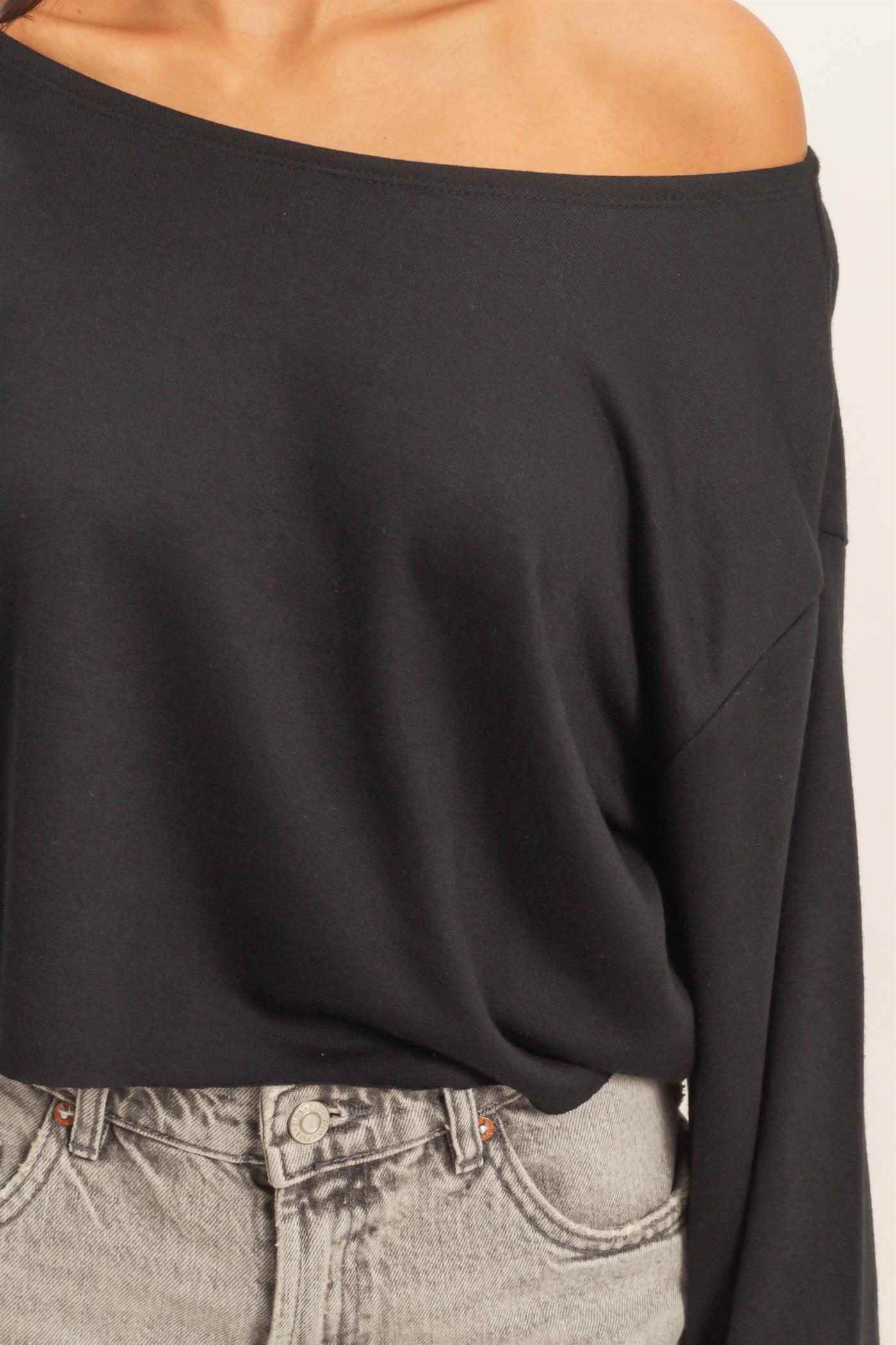 Wholesale Casually Cute Boat Neck Long Sleeve Top Clothing Tops DZ25C023 BLACK DOUBLE ZERO