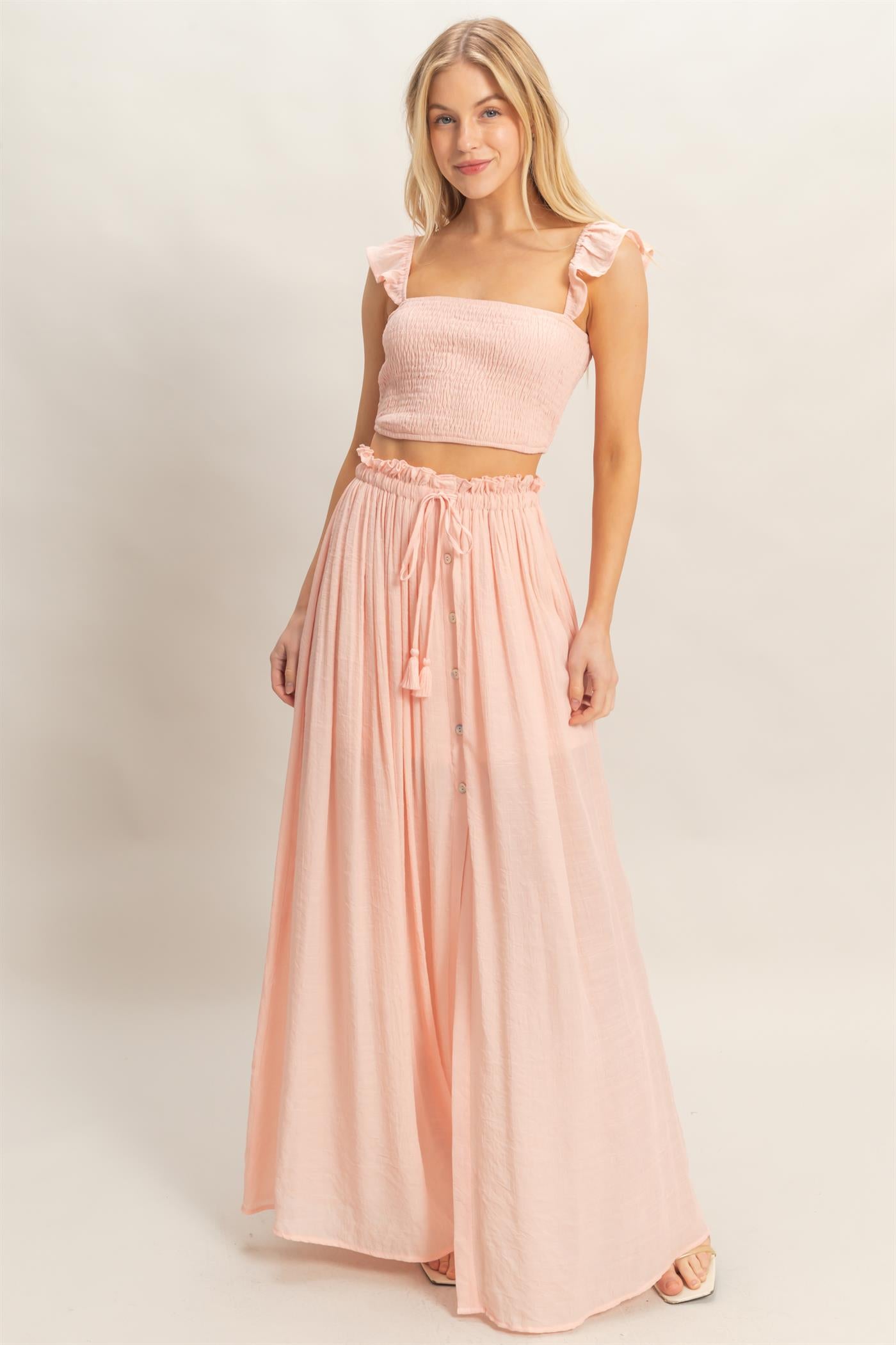 Wholesale Smocked Top & Maxi Skirt Set Clothing HF26C292-SET-D LIGHT PINK HYFVE