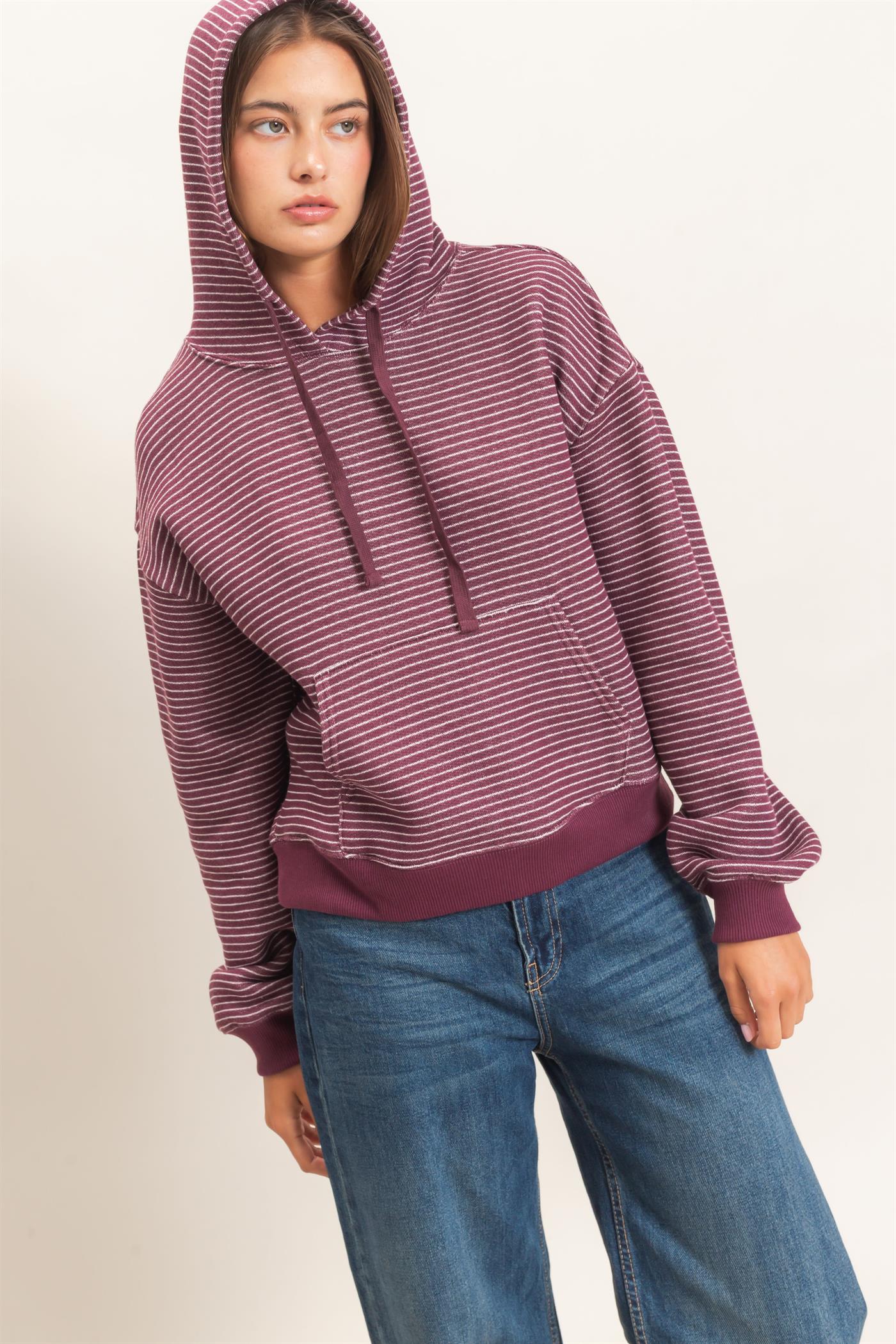 Wholesale Striped French Terry Hoodie Hoodies DZ26C619 DARK CHERRY DOUBLE ZERO