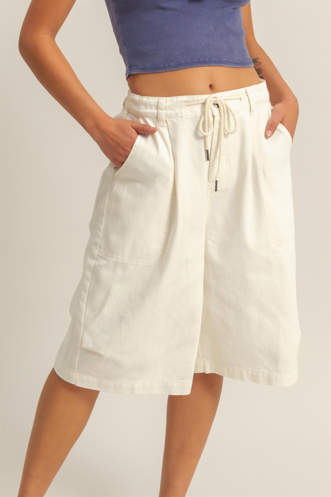 Wholesale Drawstring Waist Wide Leg Jorts Shorts DZ26F283 CREAM DOUBLE ZERO