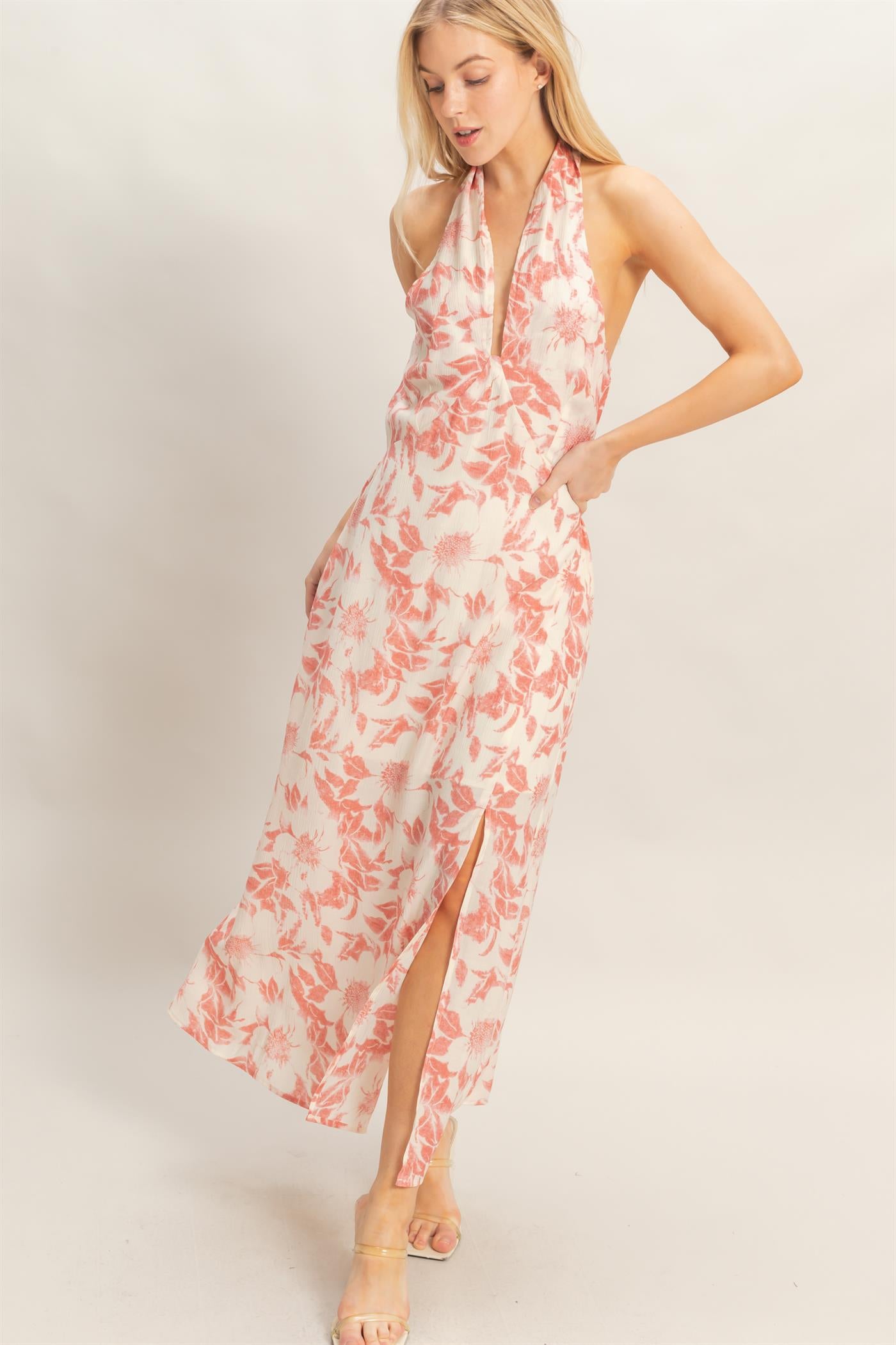 Wholesale Floral Halter Neck Dress Dresses HF26C752 CORAL HYFVE