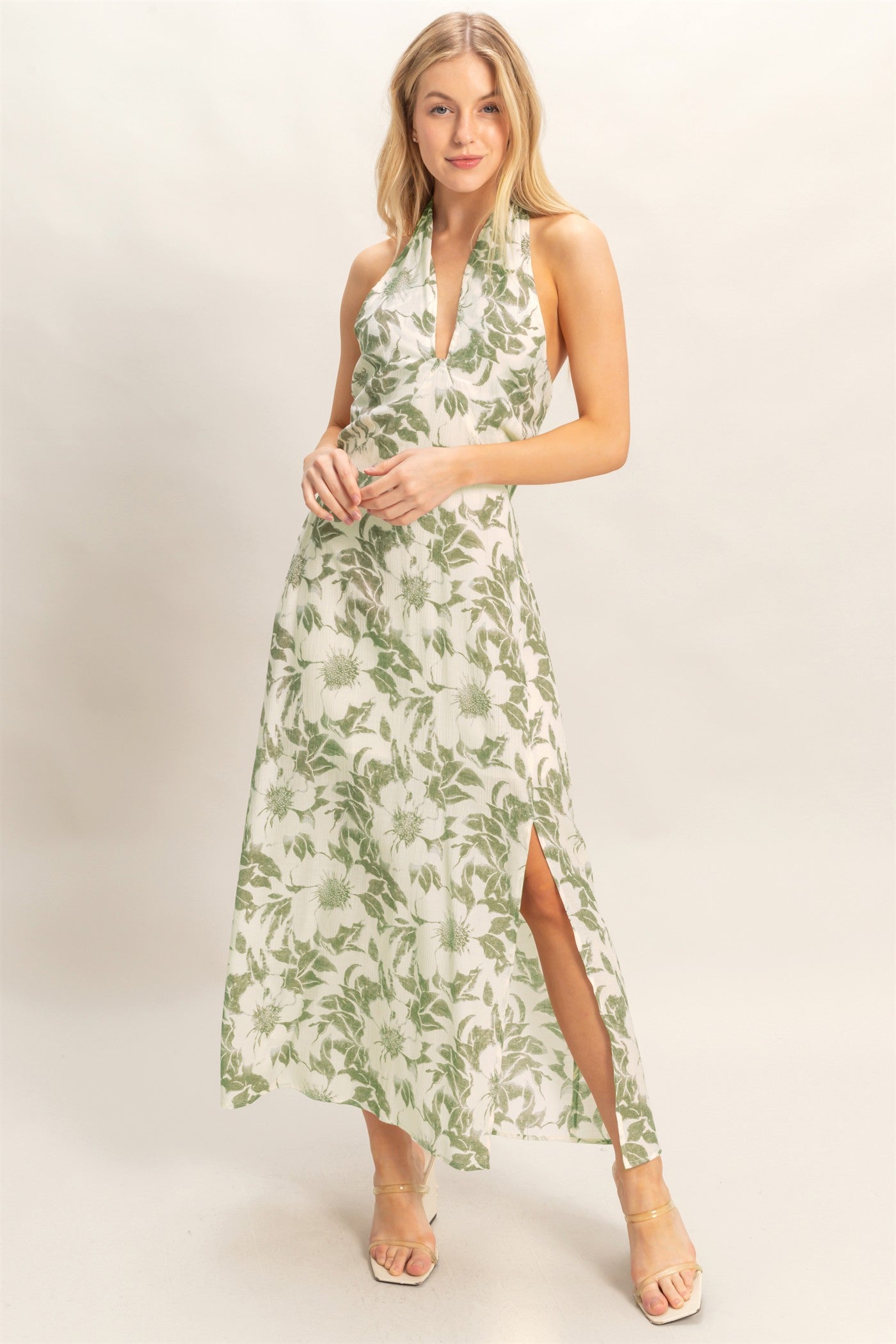 Wholesale Floral Halter Neck Dress Dresses HF26C752 LIGHT OLIVE HYFVE