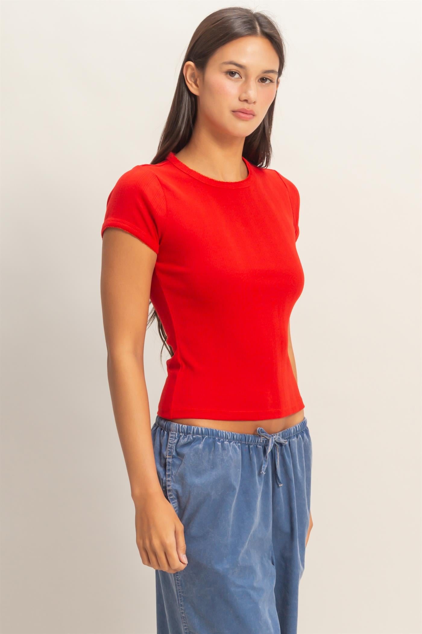 Wholesale Pointelle Short Sleeve Top Clothing Tops DZ26C285 RED DOUBLE ZERO
